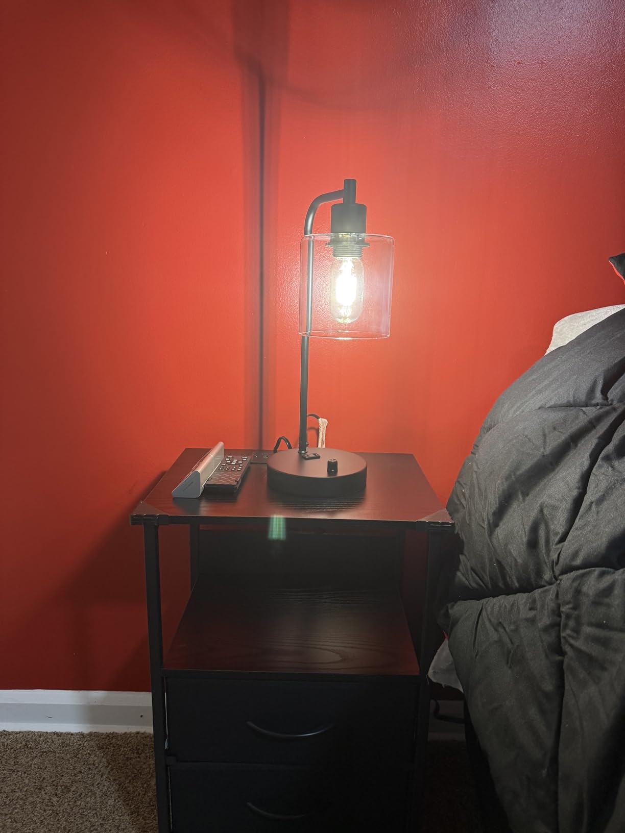 Industrial Table Lamp with USB A+C Ports and Outlet, Fully Stepless Dimmable Modern Nightstand Lamp, Glass Shade Bedside Desk Lamp for Bedroom Living Room Office, 8W 2700K LED Edison Bulb Included customer photo 1