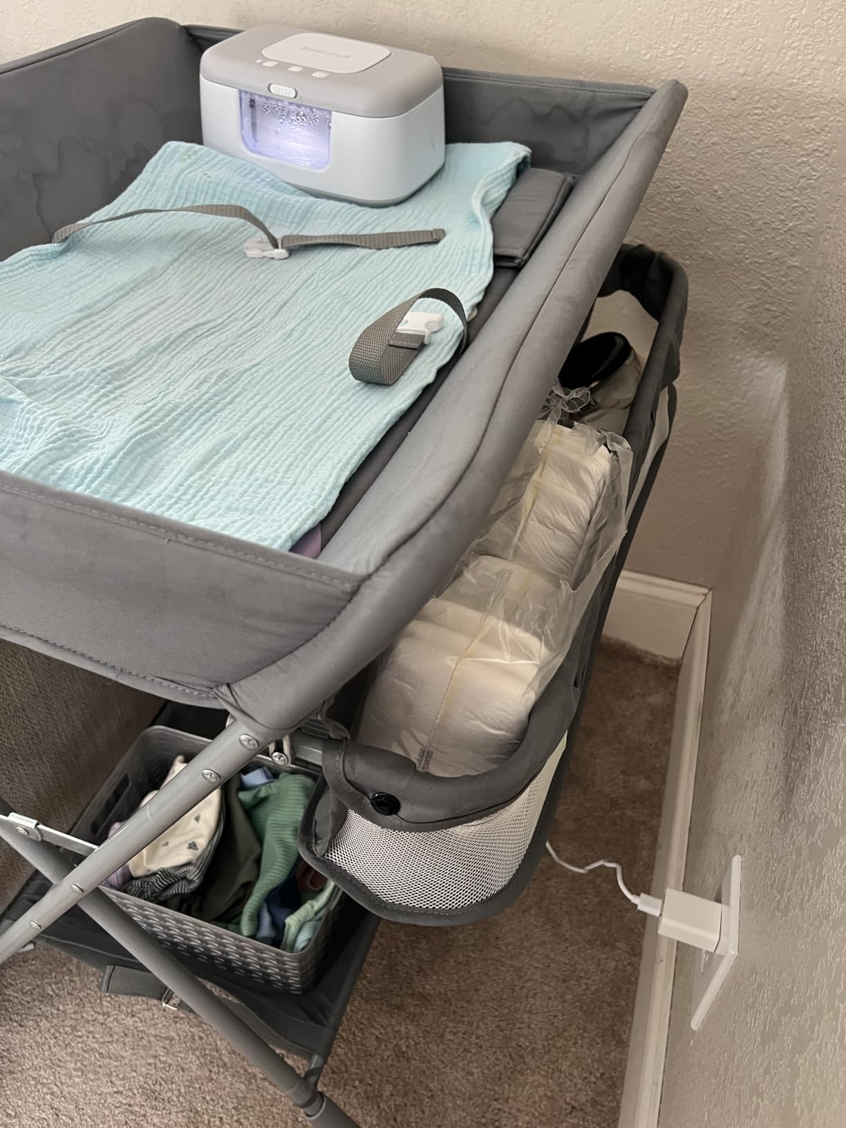 EGREE Baby Changing Table Portable Folding Diaper Changing Station with Wheels, Adjustable Height Mobile Nursery Organizer with Safety Belt and Large Storage Racks for Newborn Baby and Infant, Gray customer photo 1