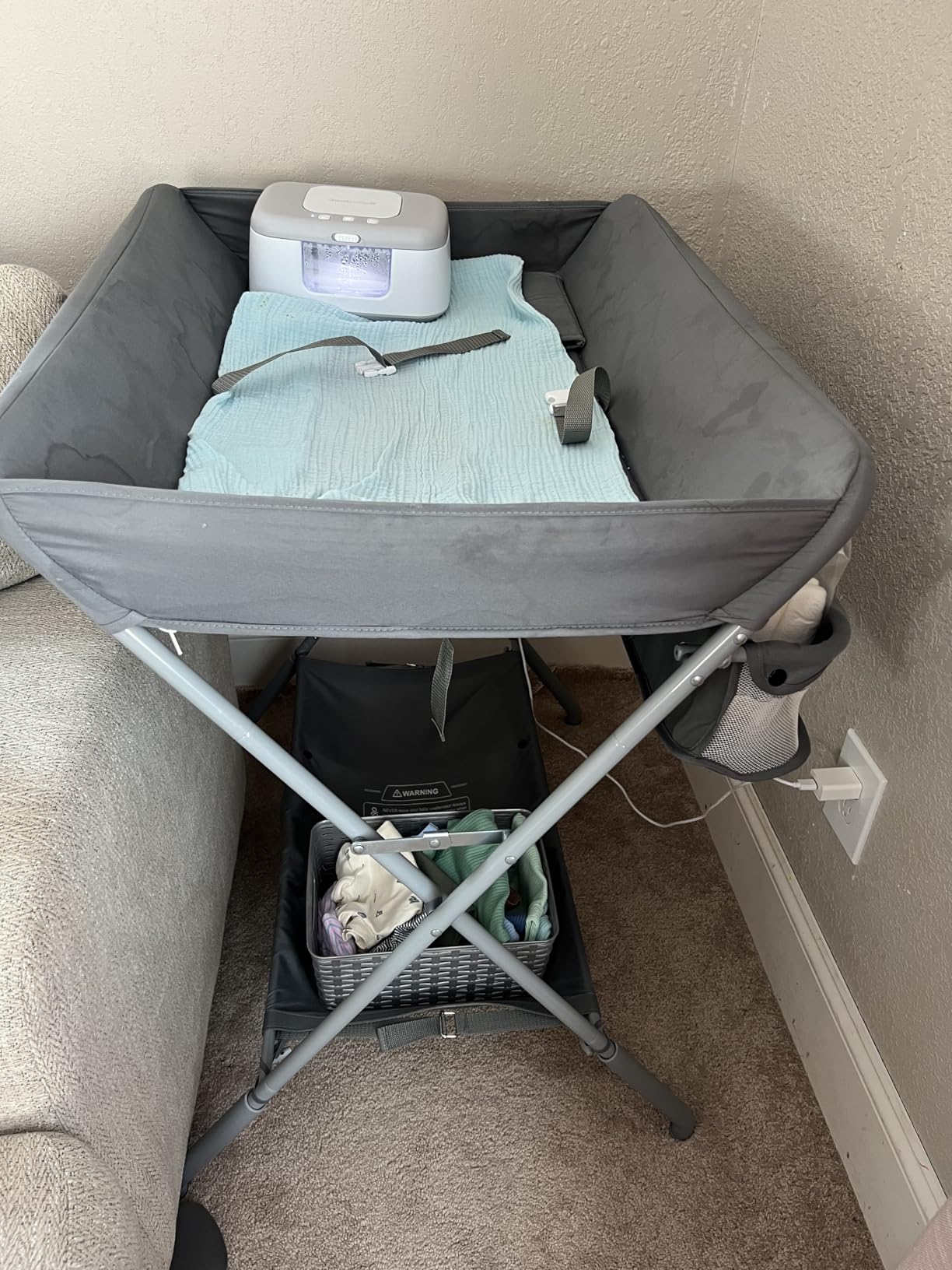 EGREE Baby Changing Table Portable Folding Diaper Changing Station with Wheels, Adjustable Height Mobile Nursery Organizer with Safety Belt and Large Storage Racks for Newborn Baby and Infant, Gray customer photo 2