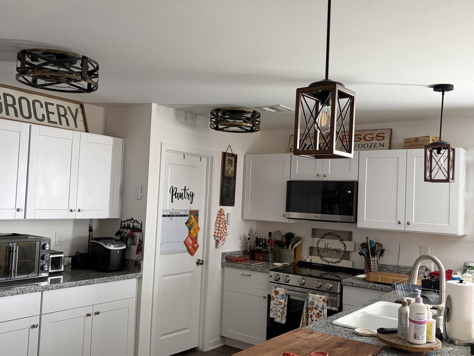 DEWENWILS 2 Pack Farmhouse Pendant Light, Metal Hanging Light Fixture with Wooden Grain Finish, 48 Inch Adjustable Pipes for Flat and Slop Ceiling, Kitchen Island, Bedroom, Dining Hall, ETL Listed customer photo 1