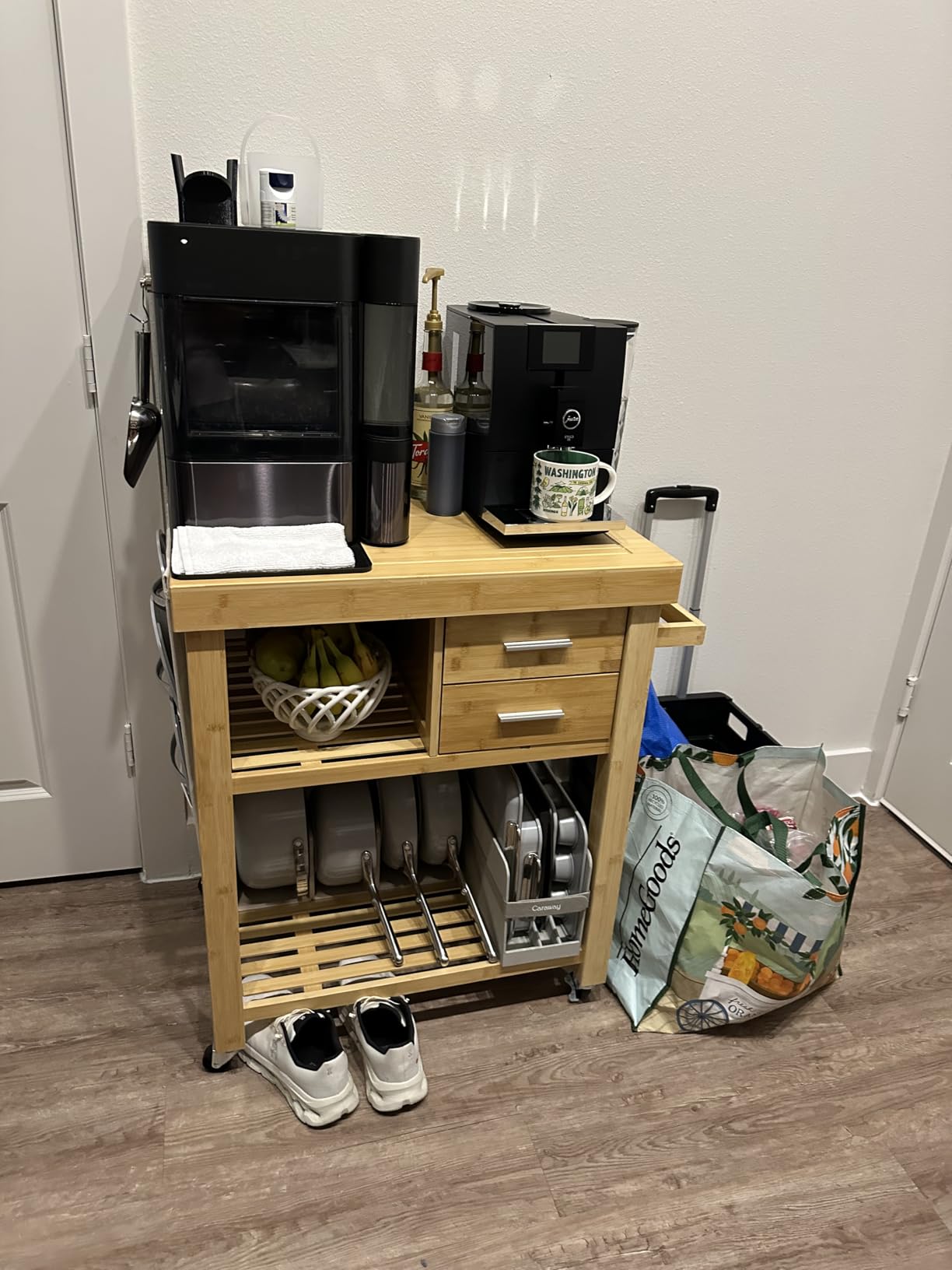 Rolling Kitchen Island Cart with Drawers Shelves, Towel Rack, Locking Casters, Butcher Block Food Prepping Cart Trolley on Wheels, Bamboo Wood customer photo 2