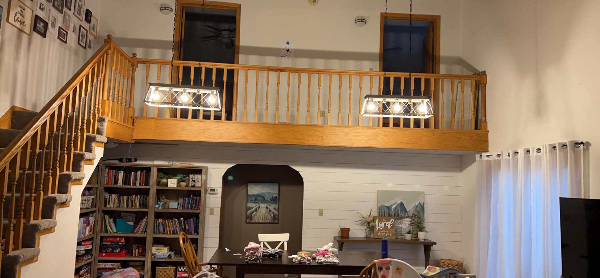Q&S Dining Room Chandelier Light Fixtures, Farmhouse Rustic Vintage Antique Linear Chandeliers Pendant Ceiling Light Fixture for Kitchen Island Bar Office Coffee Shop 5-Lights Oak and ORB UL Listed customer photo 1