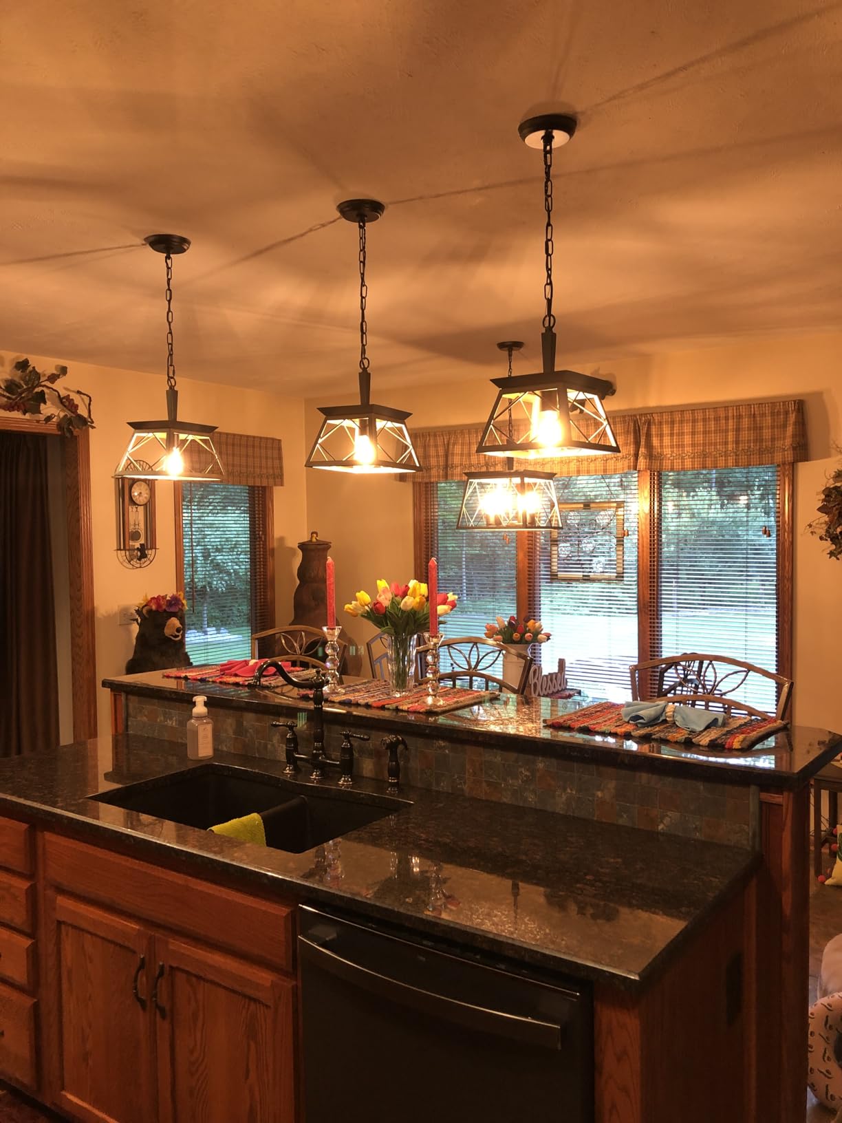 Q&S Dining Room Chandelier Light Fixtures, Farmhouse Rustic Vintage Antique Linear Chandeliers Pendant Ceiling Light Fixture for Kitchen Island Bar Office Coffee Shop 5-Lights Oak and ORB UL Listed customer photo 2