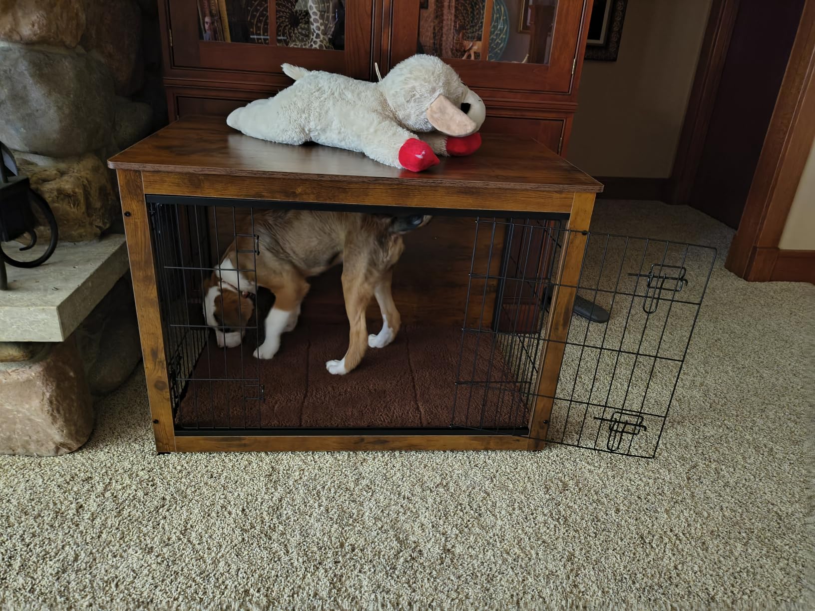 DWANTON Dog Crate Furniture with Cushion, Wooden Kennel Table with Double Doors, Indoor Dog House, Medium Size, 32.5