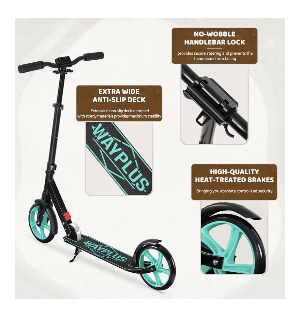 WAYPLUS KS1 Kick Scooter for Ages 6+, Kid, Teens & Adults. 8 Big Wheels, 240lb | One-button Fold, Lightweight, 4 Adjustable Height, Bearing ABEC9, 20
