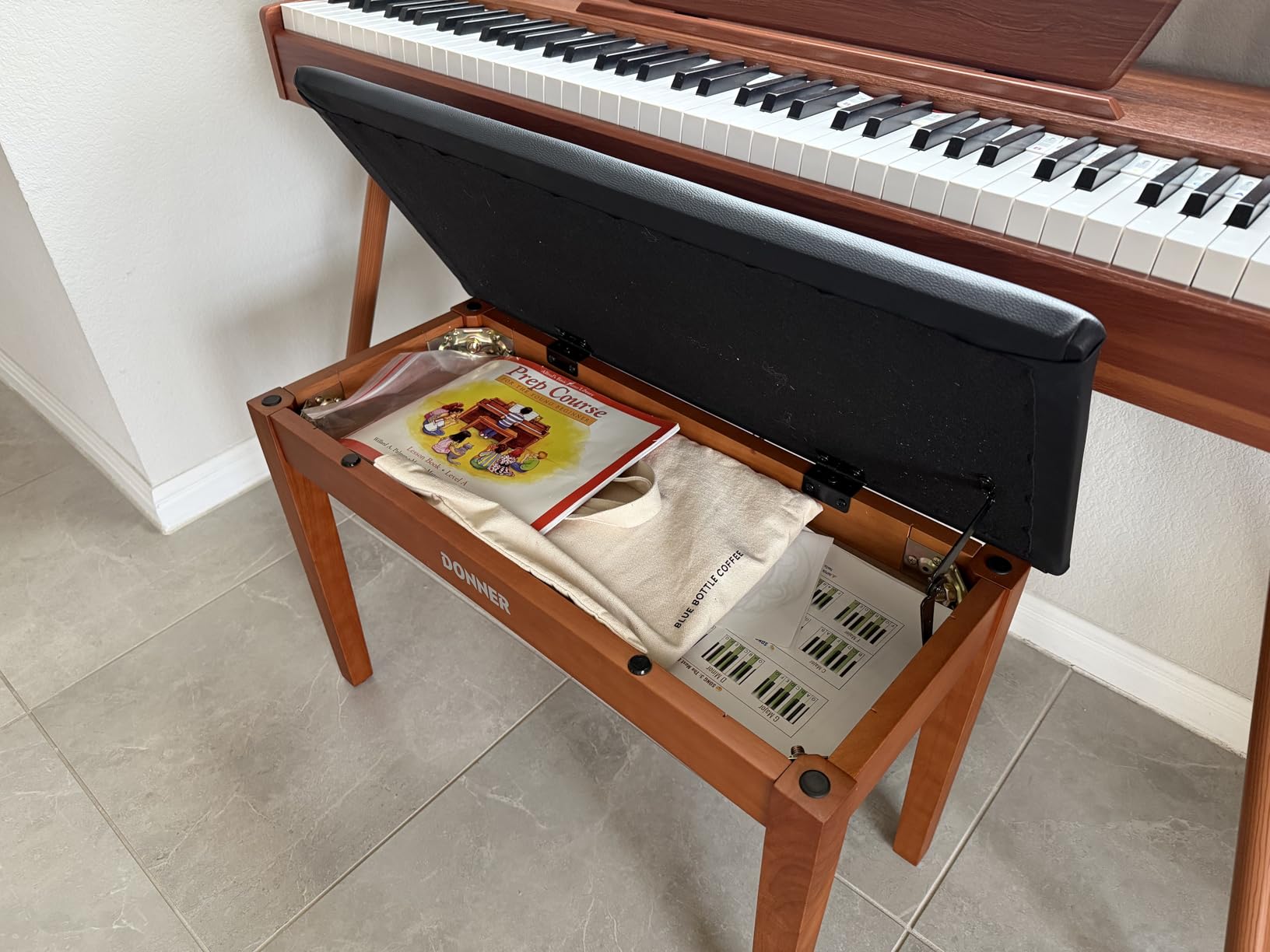 Donner Duet Piano Bench with Storage, Solid Wooden Keyboard Bench Piano Bookcase Stool Chair Seat with High-Density Sponges Padded Cushion, Black customer photo 1