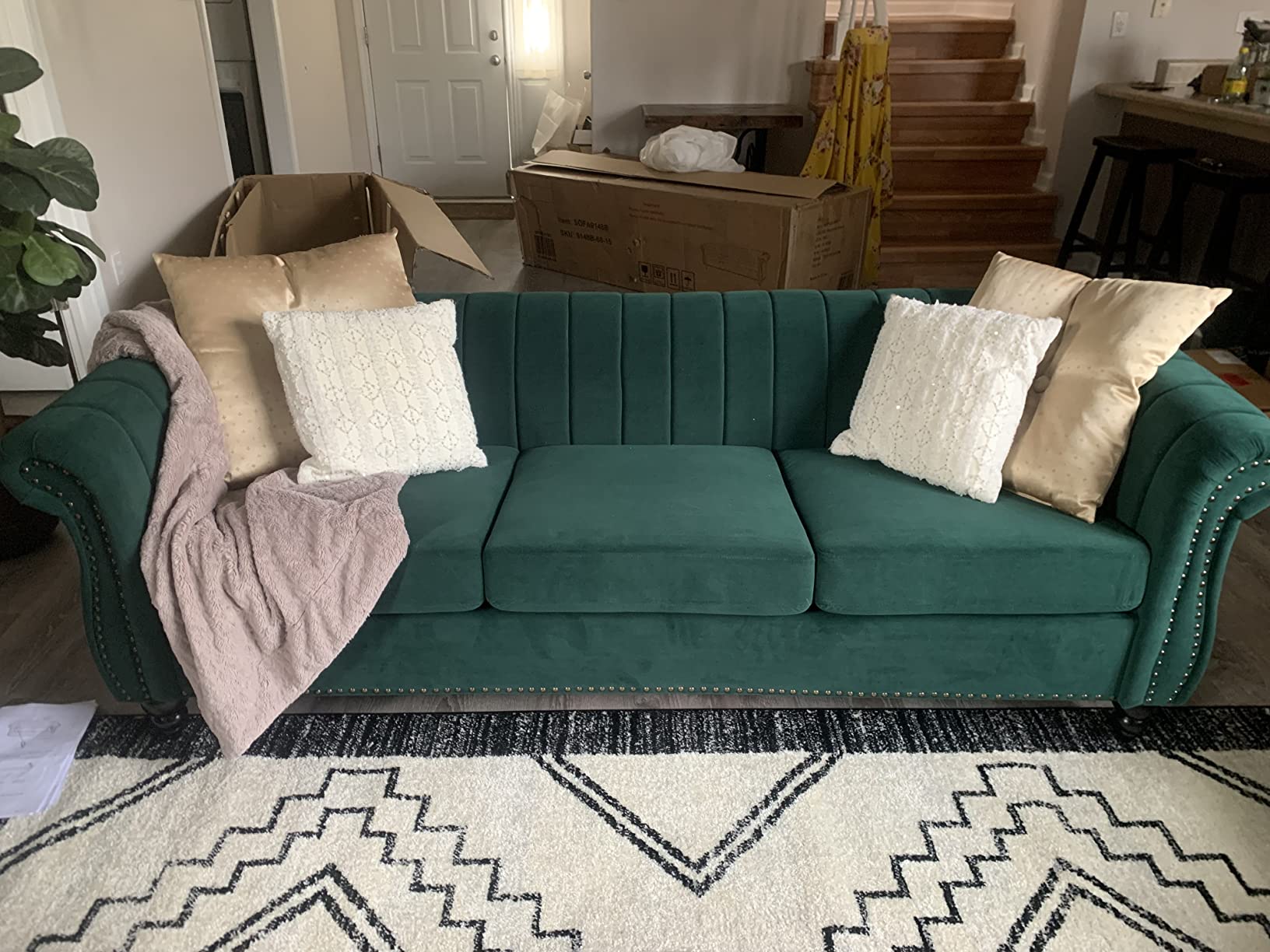 ONCIN Velvet Chesterfield Sofa, 84'' Modern Tufted 3 Seater Couch with Scroll Arms and Wood Legs for Living Room Bedroom (Blue) customer photo 2