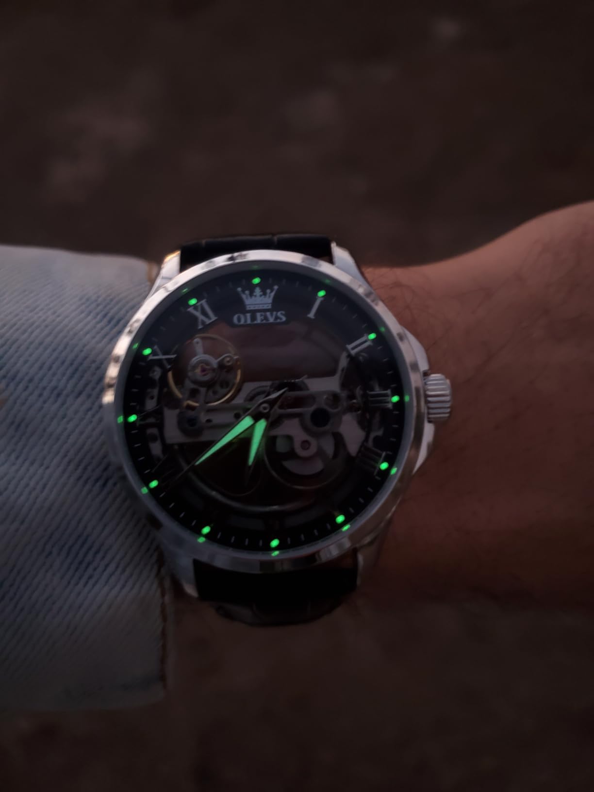 OLEVS Skeleton Watches for Men Automatic Self Winding Mechanical Leather | Luxury Dress, Leather, Waterproof, Luminous, Men Wrist Watch customer photo 1