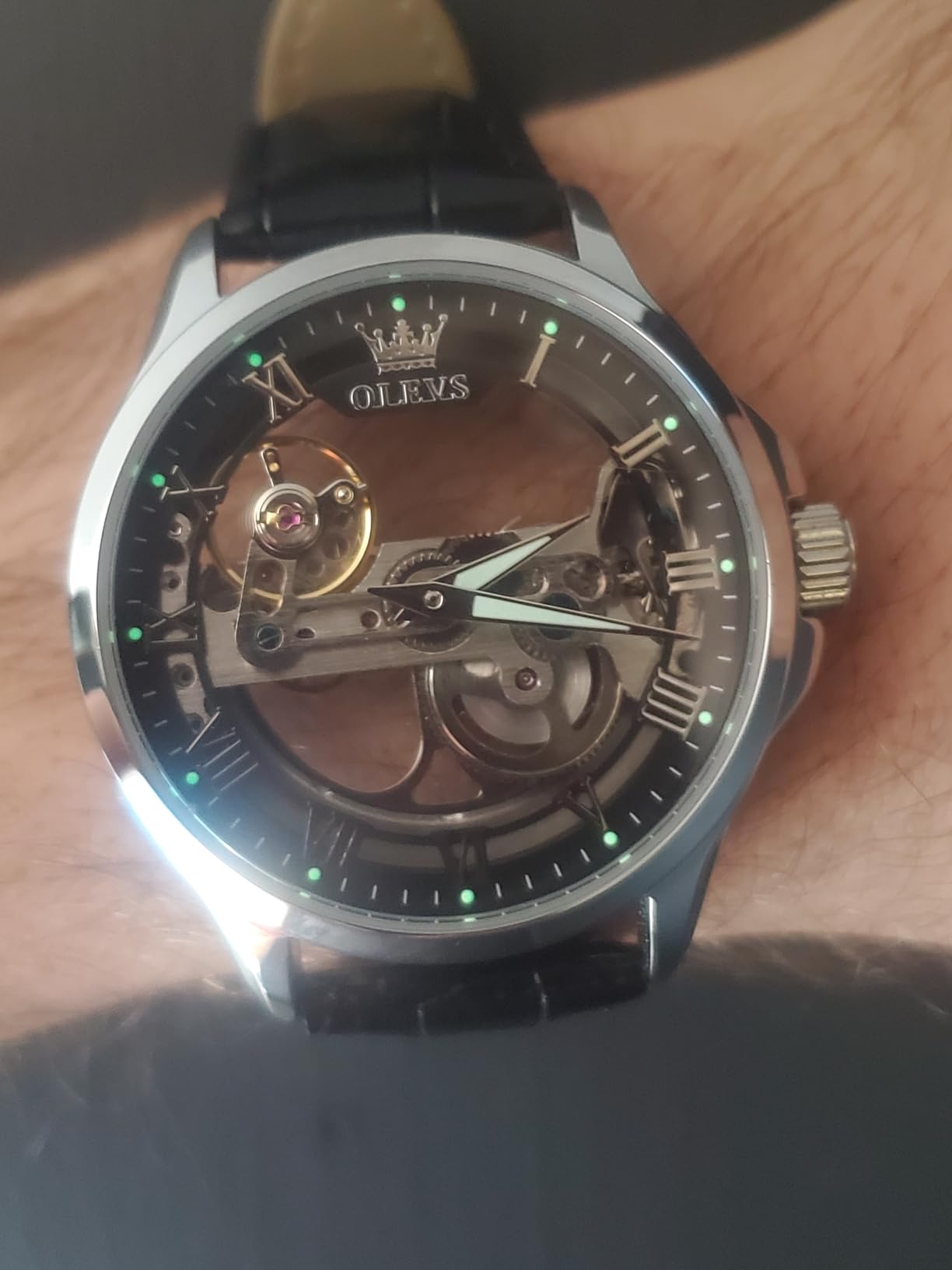 OLEVS Skeleton Watches for Men Automatic Self Winding Mechanical Leather | Luxury Dress, Leather, Waterproof, Luminous, Men Wrist Watch customer photo 2