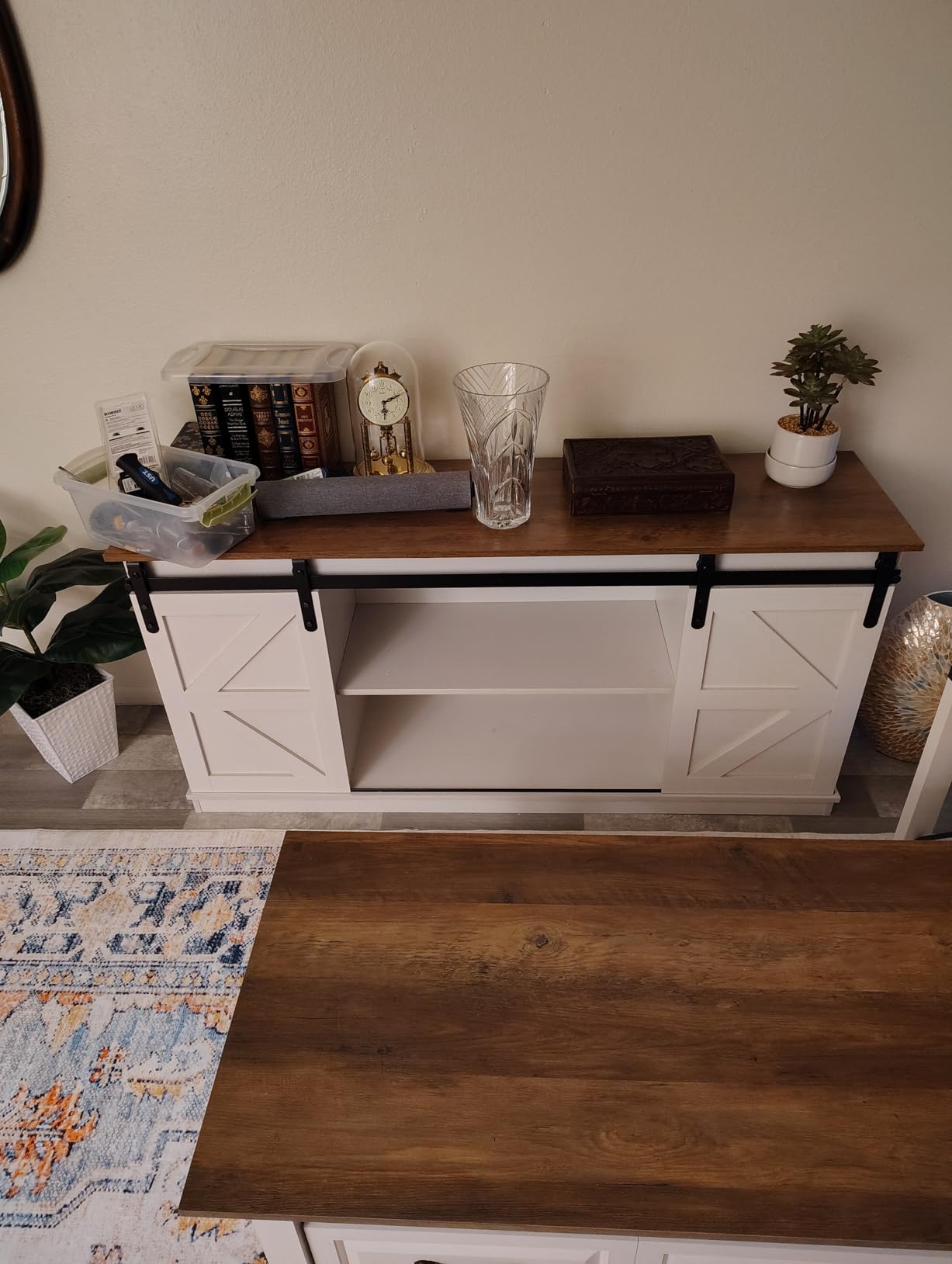 JUMMICO TV Stand for 65 Inch TV, Sliding Barn Doors, Bright White | Farmhouse Entertainment Center, Storage Cabinets, Adjustable Shelves, Media Console for Living Room, Bedroom customer photo 1