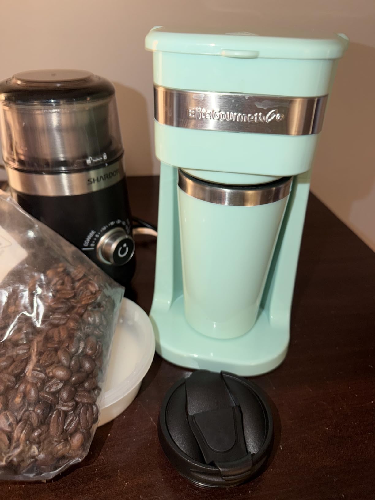 Elite Gourmet EHC113M Personal Single-Serve Compact Coffee Maker Brewer Includes 14Oz. Stainless Steel Interior Thermal Travel Mug, Compatible with Coffee Grounds, Reusable Filter, Mint customer photo 1