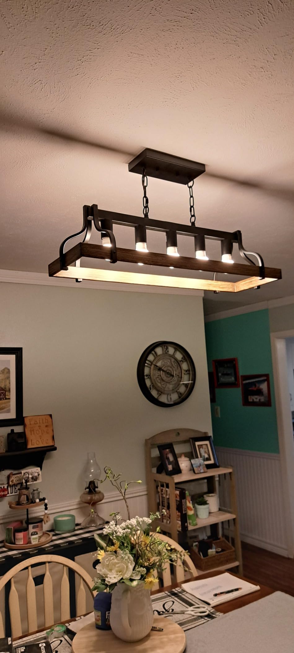 Rustic Kitchen Island Dining Room Light Fixture Farmhouse Linear Chandelier Black and Retro Wood Finish 5-Light Industrial Metal Hanging Pendant Light UL Listed L33.5 W10.6 customer photo 2
