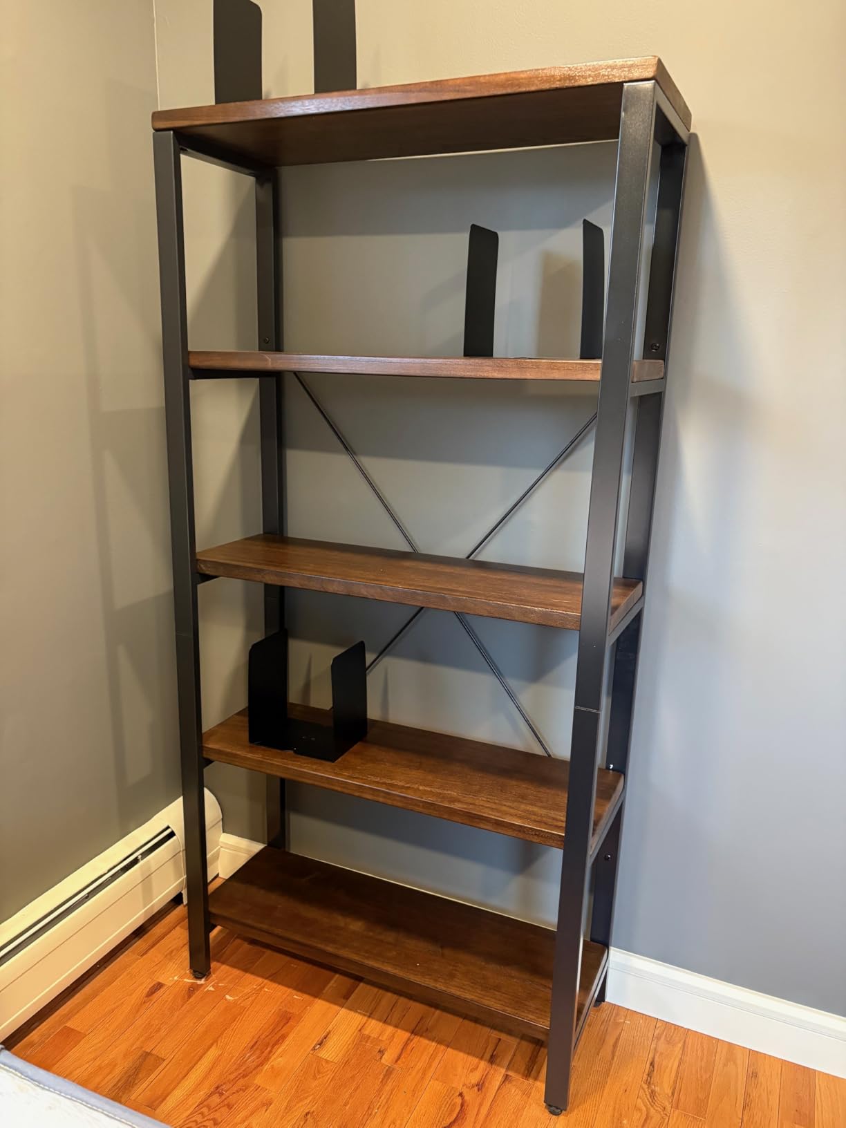 AY-AOYUAN 5-Tier Real Solid Wood Bookshelf, Industrial Metal Etagere | 100% genuine solid wood shelves, strictly NO MDF, particle board, or veneer. customer photo 2