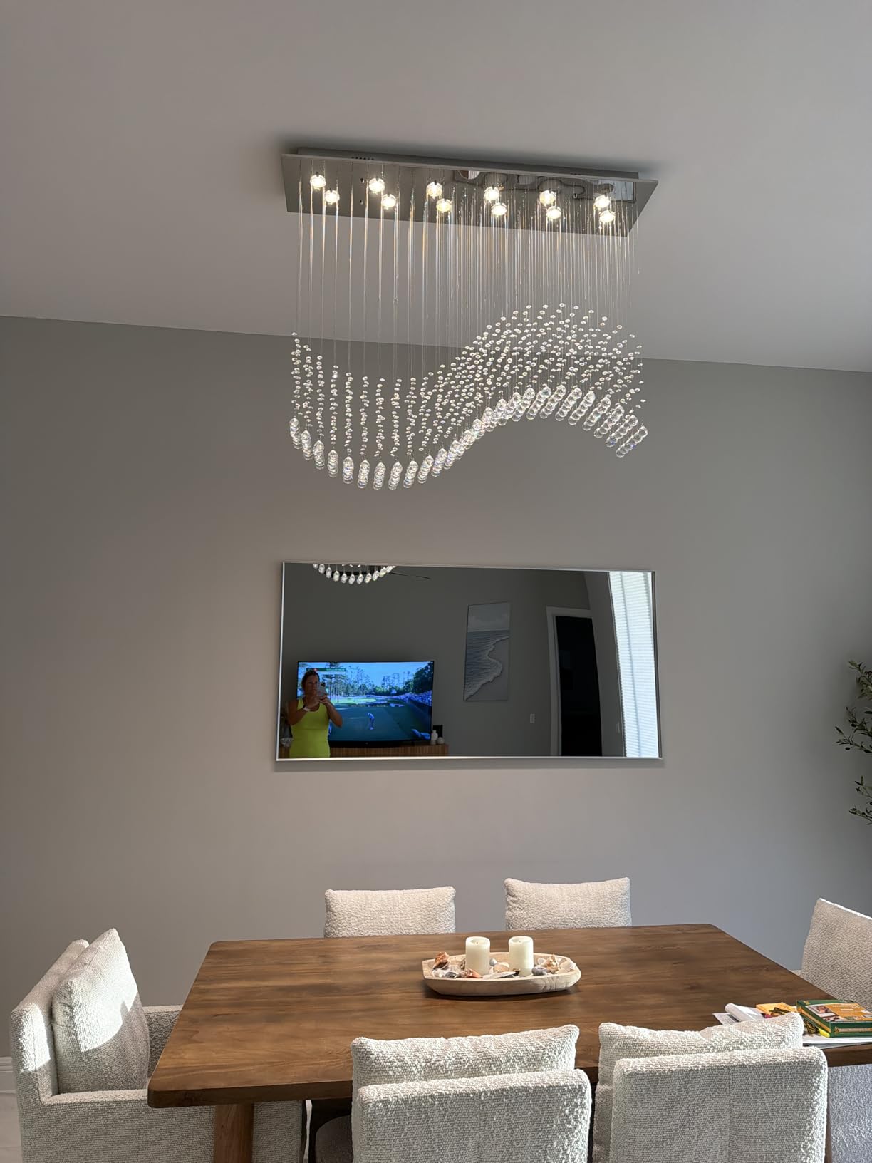 Siljoy Rectangular Gold Crystal Chandelier for Dining Room, 8-Light Modern Wave Raindrop Crystal Chandelier for Living Room Kitchen Island L31.5'' x W11.8'' x H32.2'' customer photo 2