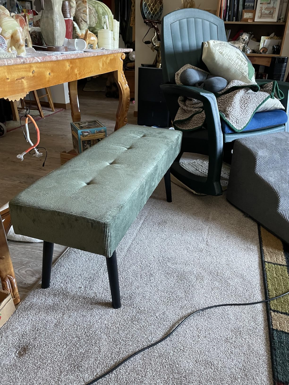 Comfy to go Entryway Bench - Green Bench for Bedroom, Modern Ottoman End of Bed, Corduroy Padded Benches for Living Room, Foyer, Mudroom, Hallway - 39