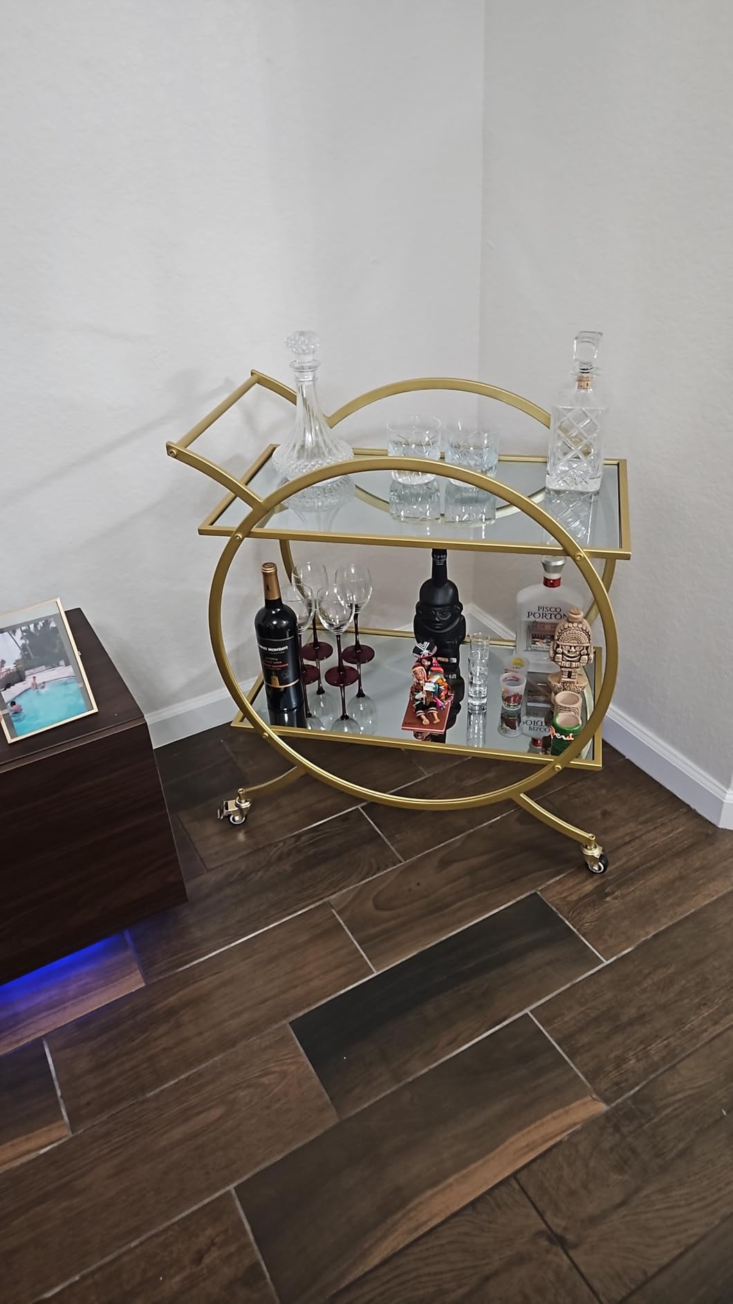 Gold Bar Carts with 3 Tier Glass Shelves, Rolling Serving Bar Cart with Wine Rack and Glass Holder, Home Bar Carts & Wine Carts on Wheels for Kitchen, Indoor & Outdoor customer photo 1