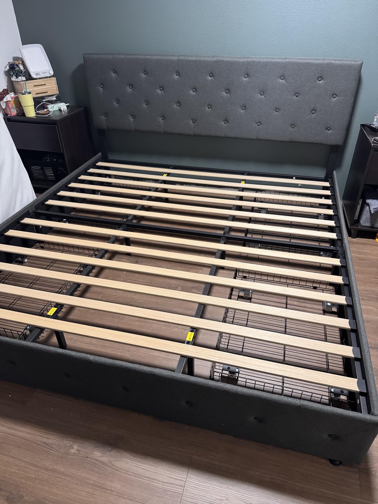 Allewie Upholstered King Size Platform Bed Frame with 4 Storage Drawers and Headboard, Diamond Stitched Button Tufted, Mattress Foundation with Wooden Slats Support, No Box Spring Needed, Dark Grey customer photo 1