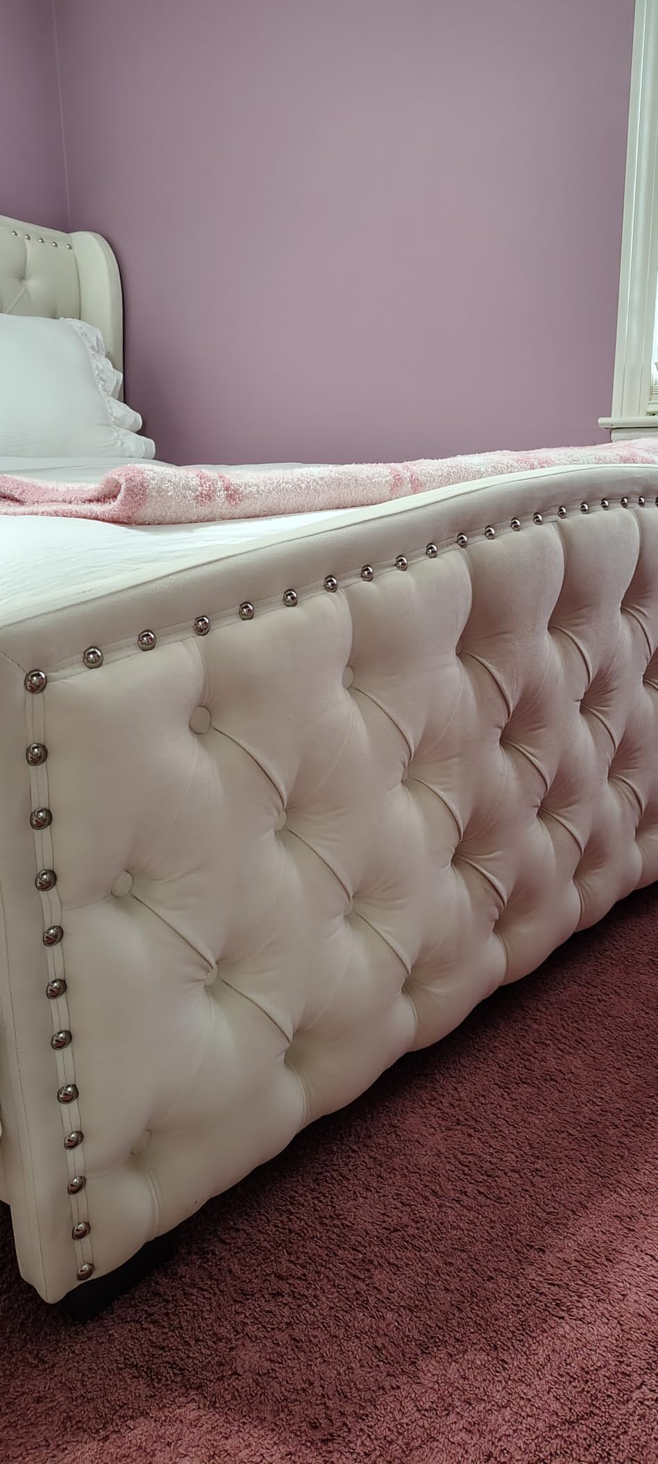 AMERLIFE Queen Size Platform Bed Frame, Velvet Upholstered Bed with Deep Button Tufted & Nailhead Trim Wingback Headboard/No Box Spring Needed/Black customer photo 2