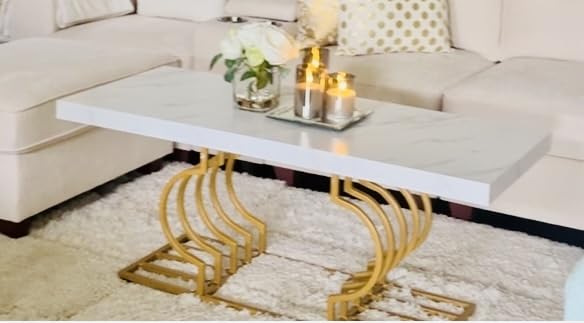 Tribesigns Modern Coffee Table, 47 Inch Faux Marble Cocktail Table with Geometric Frame, Rectangular Center Table Tea Table Accent Furniture for Living Room, Simple Assembly (White/Gold) customer photo 1