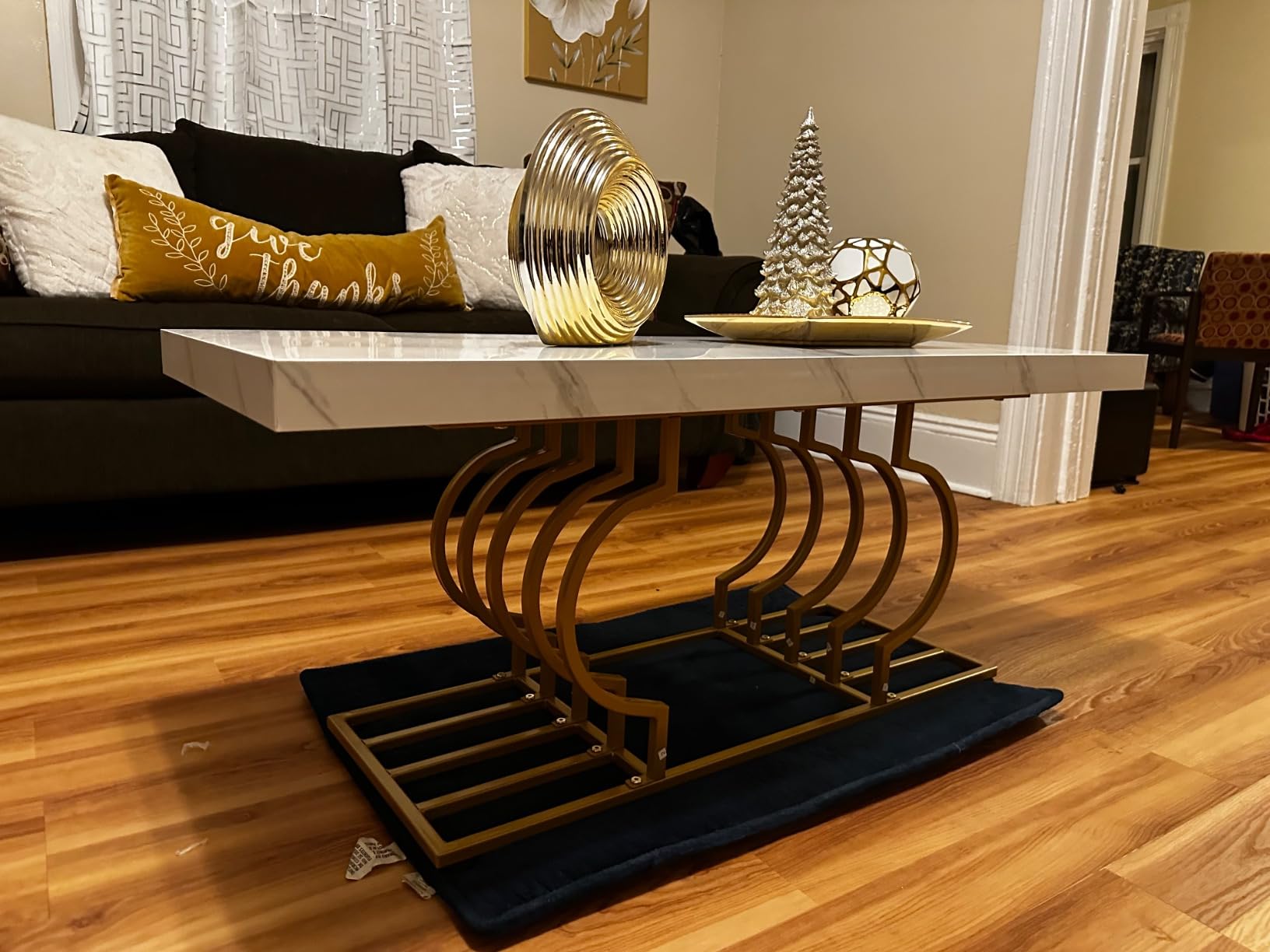 Tribesigns Modern Coffee Table, 47 Inch Faux Marble Cocktail Table with Geometric Frame, Rectangular Center Table Tea Table Accent Furniture for Living Room, Simple Assembly (White/Gold) customer photo 2