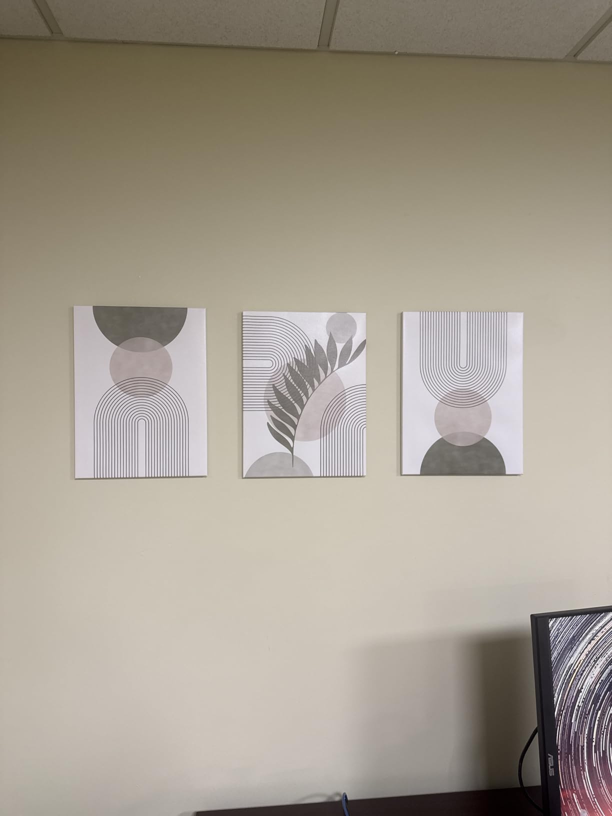 Sage Green Boho Wall Art Set of 3, Minimalist Framed Wall Art Geometric Line Leaf Sun Moon Beige Green Canvas Artwork Paintings customer photo 1