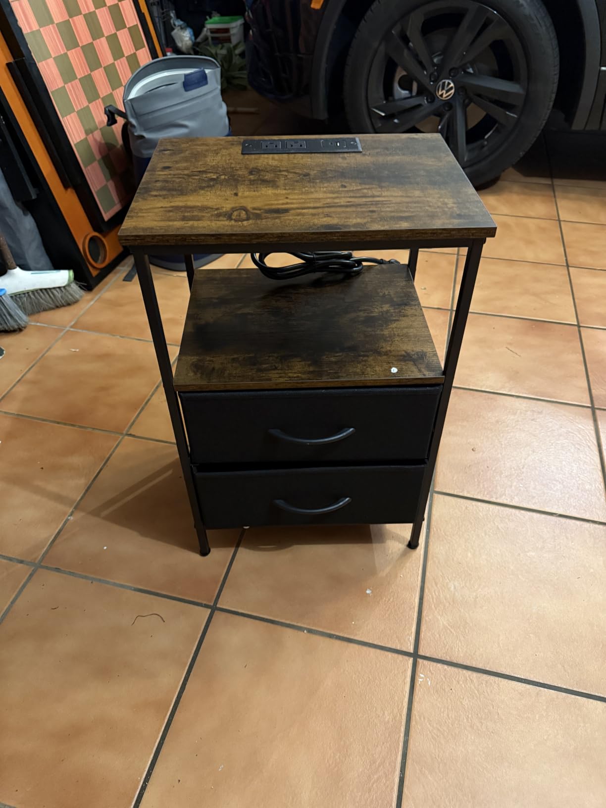 Huuger Nightstand with Charging Station, Side Table with Fabric Drawers, End Table with Open Shelf, Bedside Table with USB Ports and Outlets, Night Stand for Bedroom, Rustic Brown and Black customer photo 1