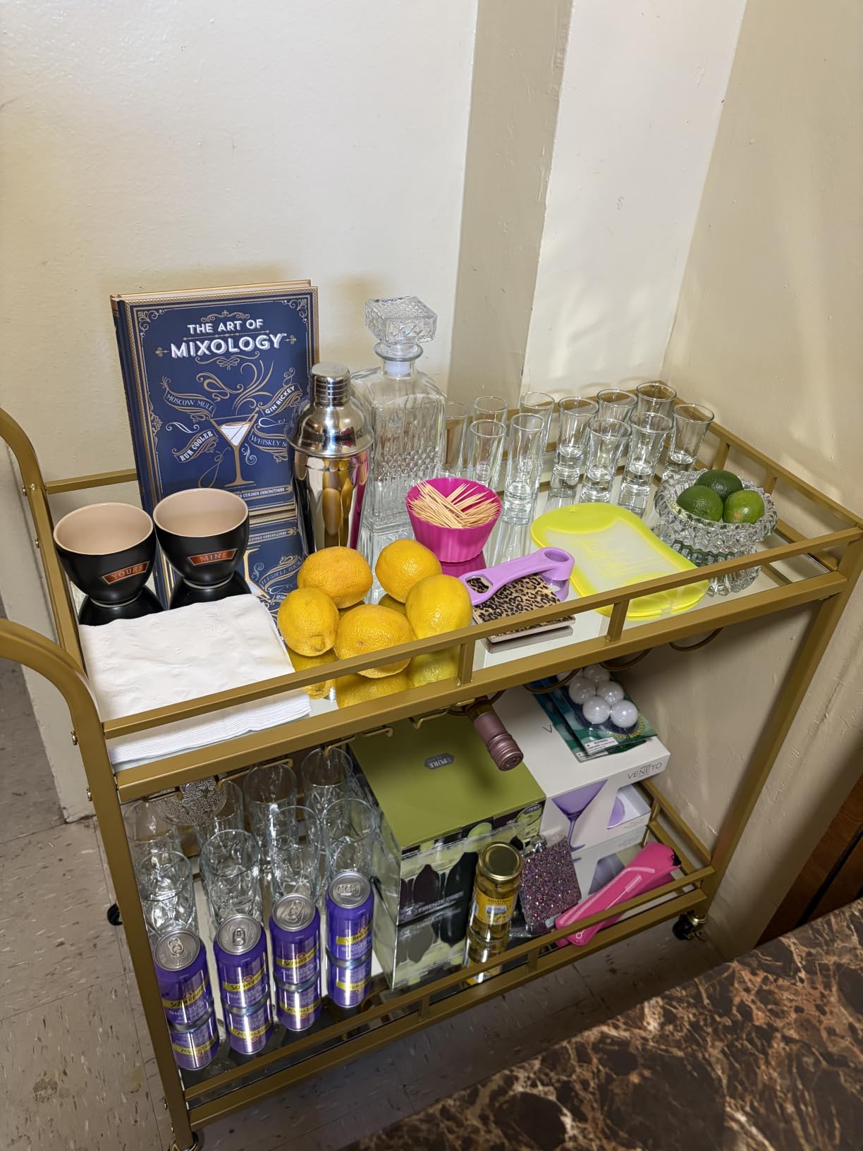 VASAGLE Bar Cart Black, Home Bar Serving Cart, Wine Cart with 2 Mirrored Shelves, Wine Holders, Glass Holders, for Kitchen, Dining Room, Black ULRC092B62 customer photo 1