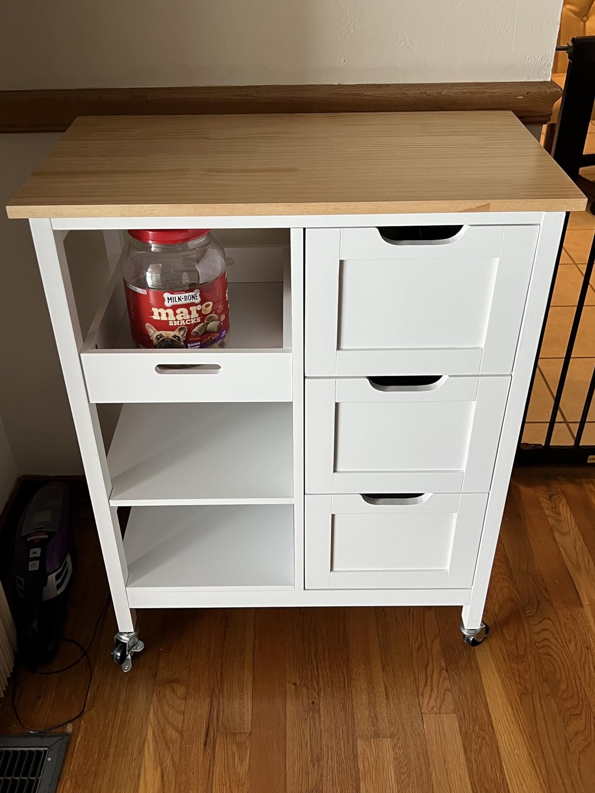 YITAHOME Small Solid Wood Top Kitchen Island Cart on Wheels with Storage, Rolling Portable Dining Room Serving Utility Carts Mobile Movable with 3 Drawers Cabinet, Navy Blue customer photo 1