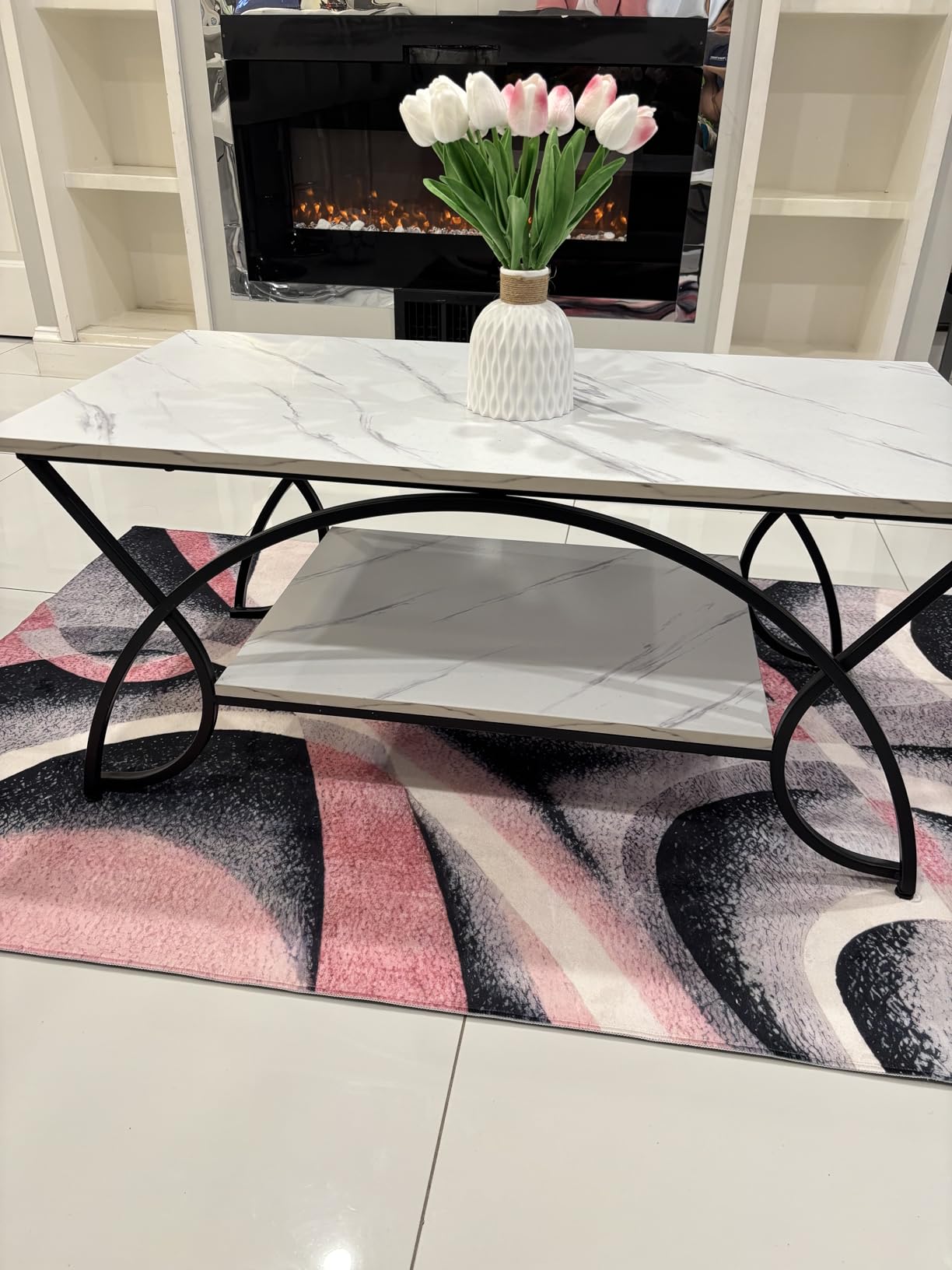 GIANTEX 2-Tier Rectangular Coffee Table, Faux Marble Table with Open Storage Shelf, Black Finished Metal Frame, Modern Center Table for Living Room, Reception Room (White+Black) customer photo 1