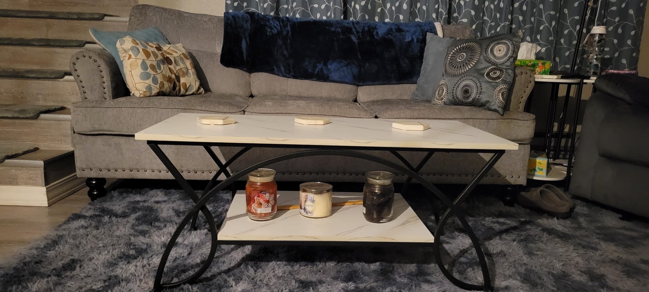 GIANTEX 2-Tier Rectangular Coffee Table, Faux Marble Table with Open Storage Shelf, Black Finished Metal Frame, Modern Center Table for Living Room, Reception Room (White+Black) customer photo 2