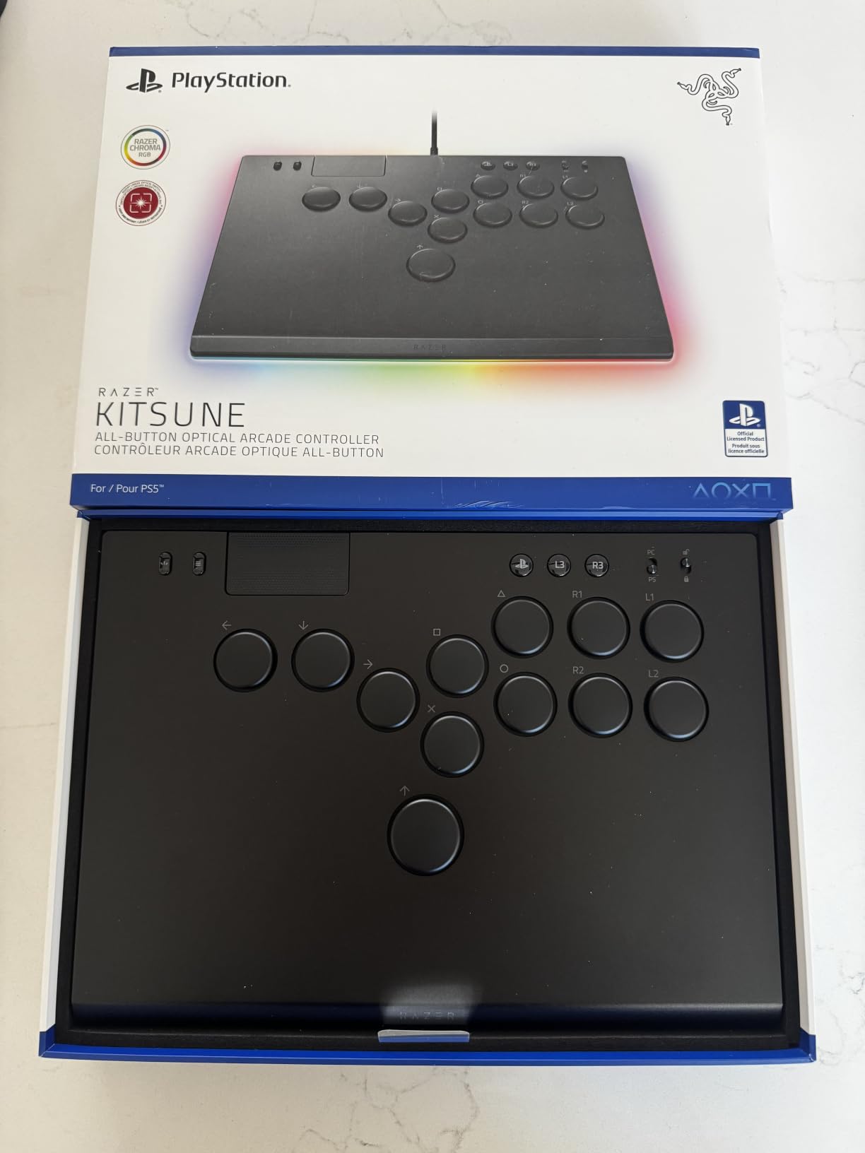 Razer Kitsune All-Button Arcade Controller - For PS5 / PlayStation 5 & PC - Low-Profile Optical Switches - Slim Form Factor - Removable Top Plate - Chroma RGB Lighting - USB Type C - Black customer photo 1