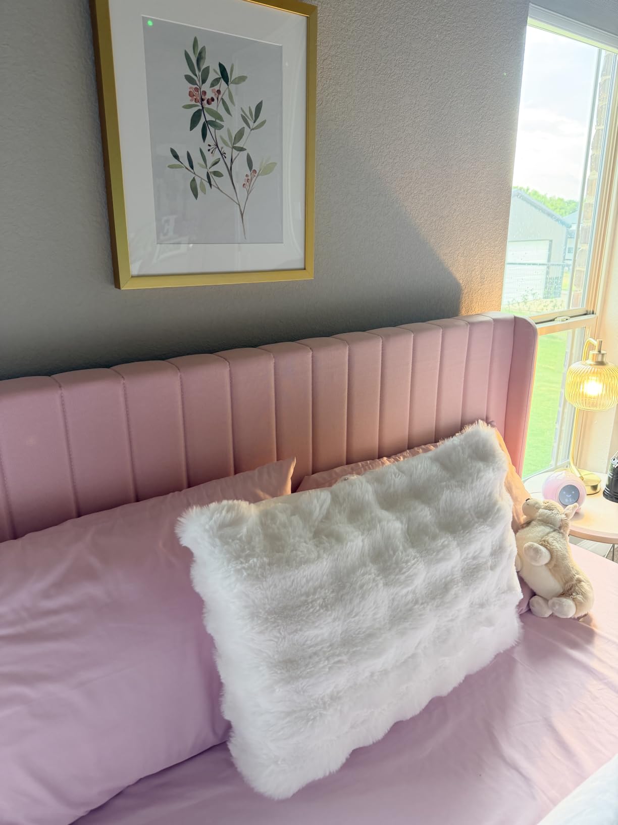 Yaheetech Queen Bed Frame with Headboard, Ivory Channel-Tufted Platform | Sturdy wood frame with upholstered linen blend fabric provides silent support, easy assembly, and 6