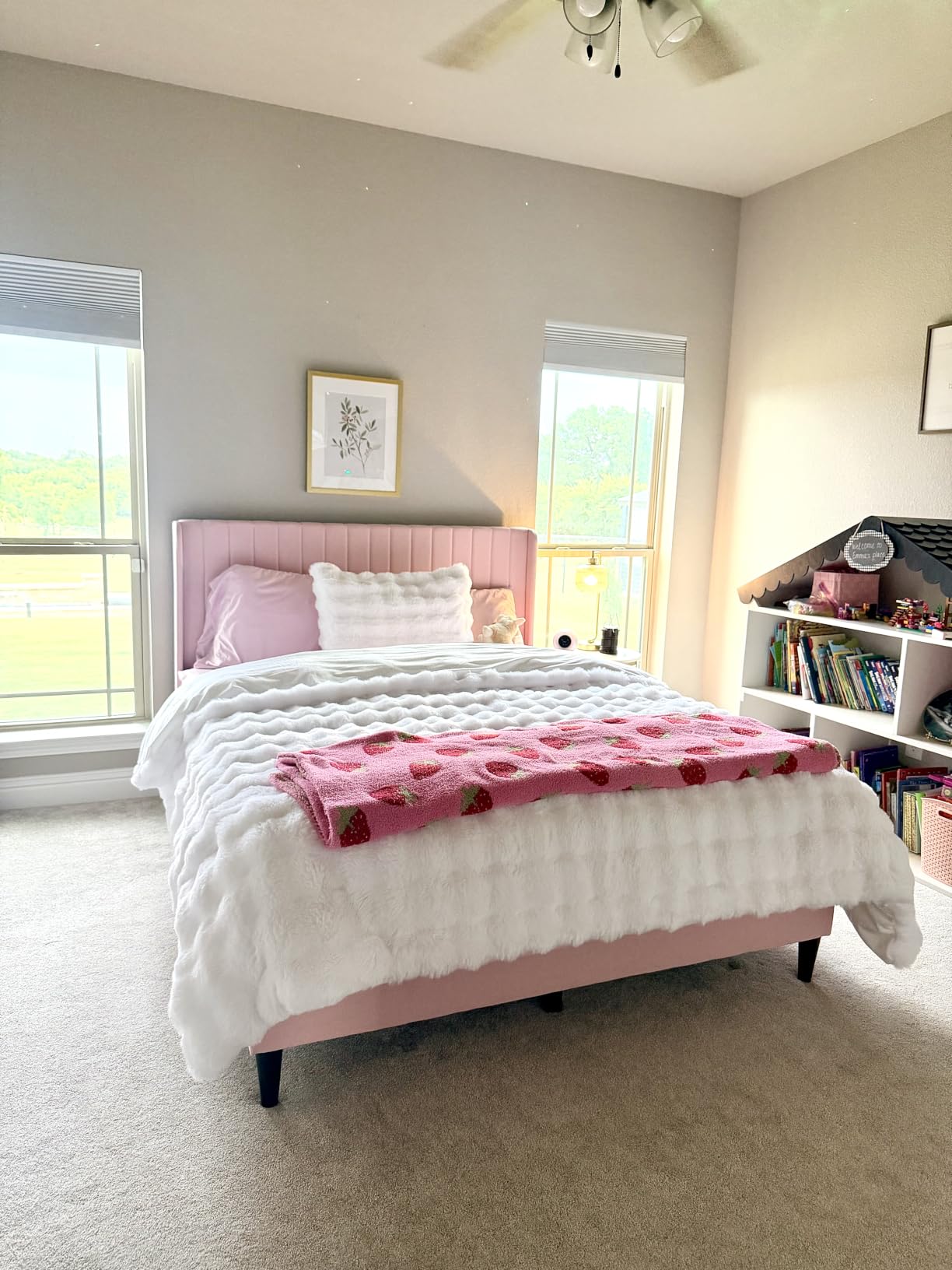 Yaheetech Queen Bed Frame with Headboard, Ivory Channel-Tufted Platform | Sturdy wood frame with upholstered linen blend fabric provides silent support, easy assembly, and 6