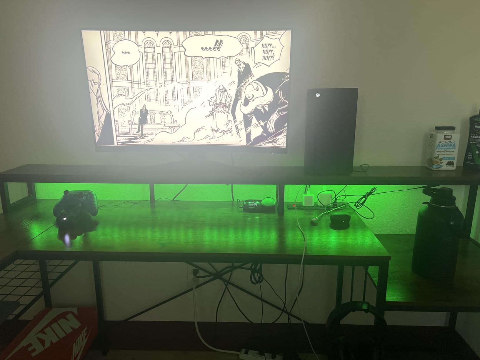 Bestier LED Gaming Desk with Power Outlets, 71 inch L Shaped Computer Desk with Monitor Stand, Large Desk with Printer Stand Adjustable Shelf, Cup Holder & Hooks, Home Office Desk Black | Carbon Fiber Desktop, 20 Static 22 Dynamic RGB Modes, Storage Rack, Foldable Cup and Headset Hooks for Game Station customer photo 1