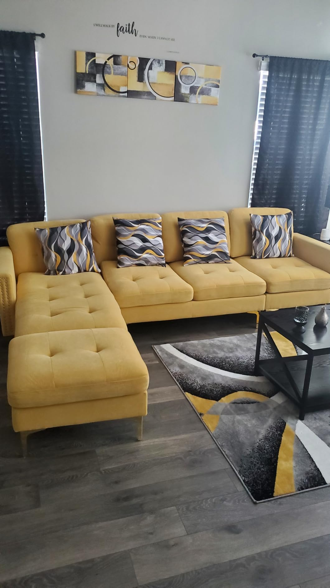 P PURLOVE Velvet Modern Large Sectional Sofa, U Shape Upholstered Couch with Chaise, Convertible Sofa Couch with Movable Ottoman for Living Room Apartment (Black) customer photo 1