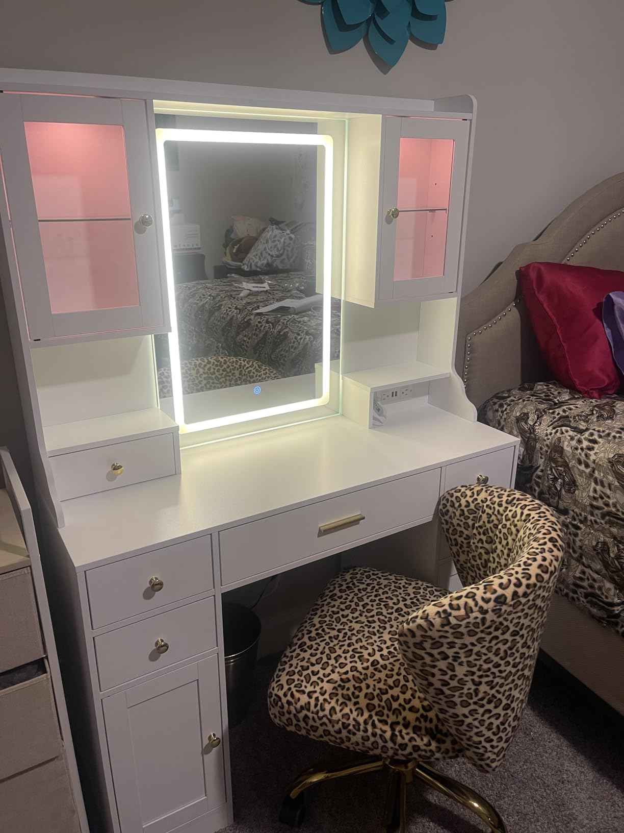 White Makeup Vanity Desk with Mirror and Lights, Large Vanity Table Set with Charging Station, Dressing Table with RGB Cabinets, Makeup Vanity Mirror with Light Desk and Drawers, 3 LED Light Modes customer photo 1
