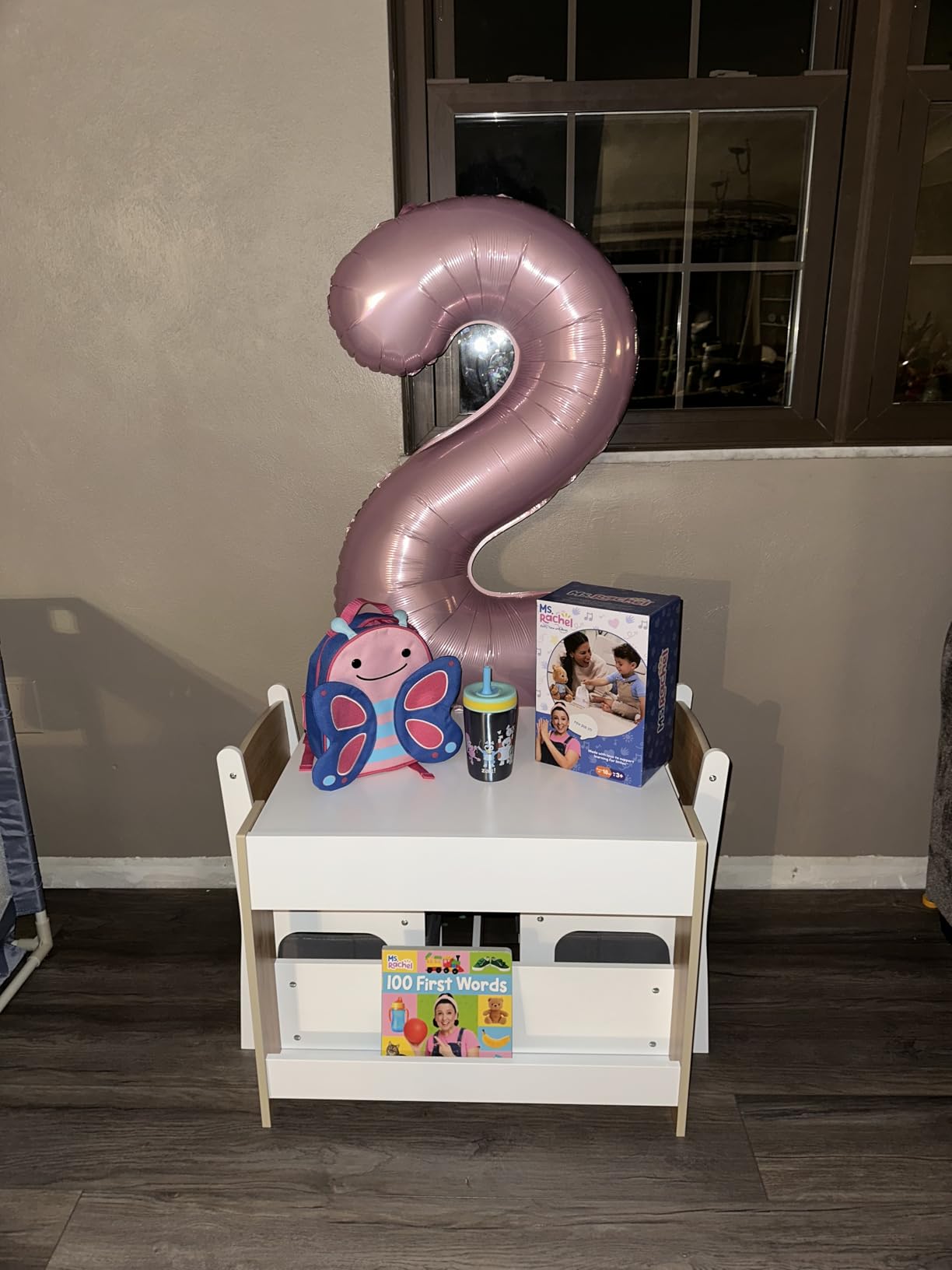Asweets Kids Table and Chair Set, 4 in 1 Toddler Desk with Storage Drawer, Wooden Activity Table for 2 in 1 Detachable Tabletop, Bookshelf, Suitable for Classroom, Home, Nursery, Playroom (Natural White) customer photo 1