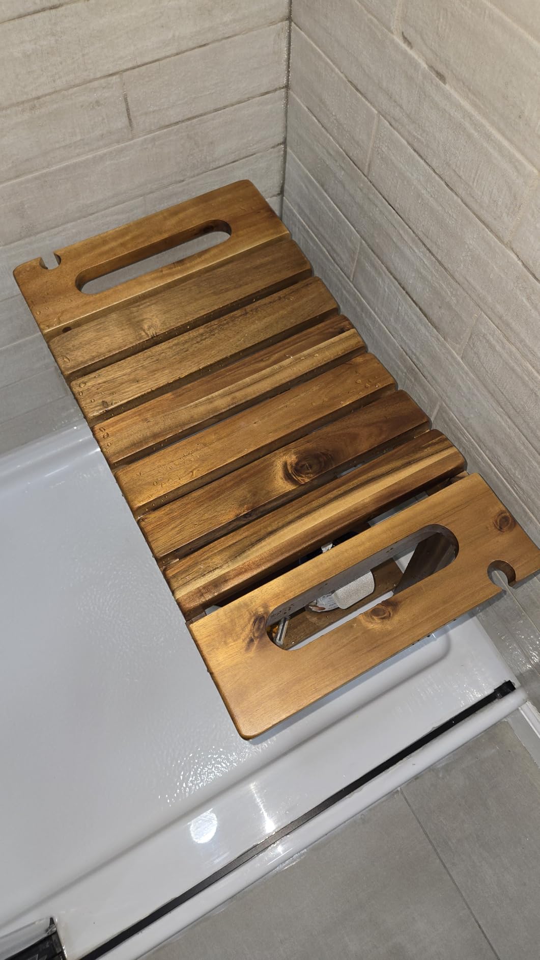 Bluewest 23.4 Inch Shower Bench with Storage Shelf, Natural Wood and Handle | Waterproof Bathroom Spa Bench for Sitting Inside the Shower and Shaving Legs, with a Built-In Handle and Shower Head Holder customer photo 1