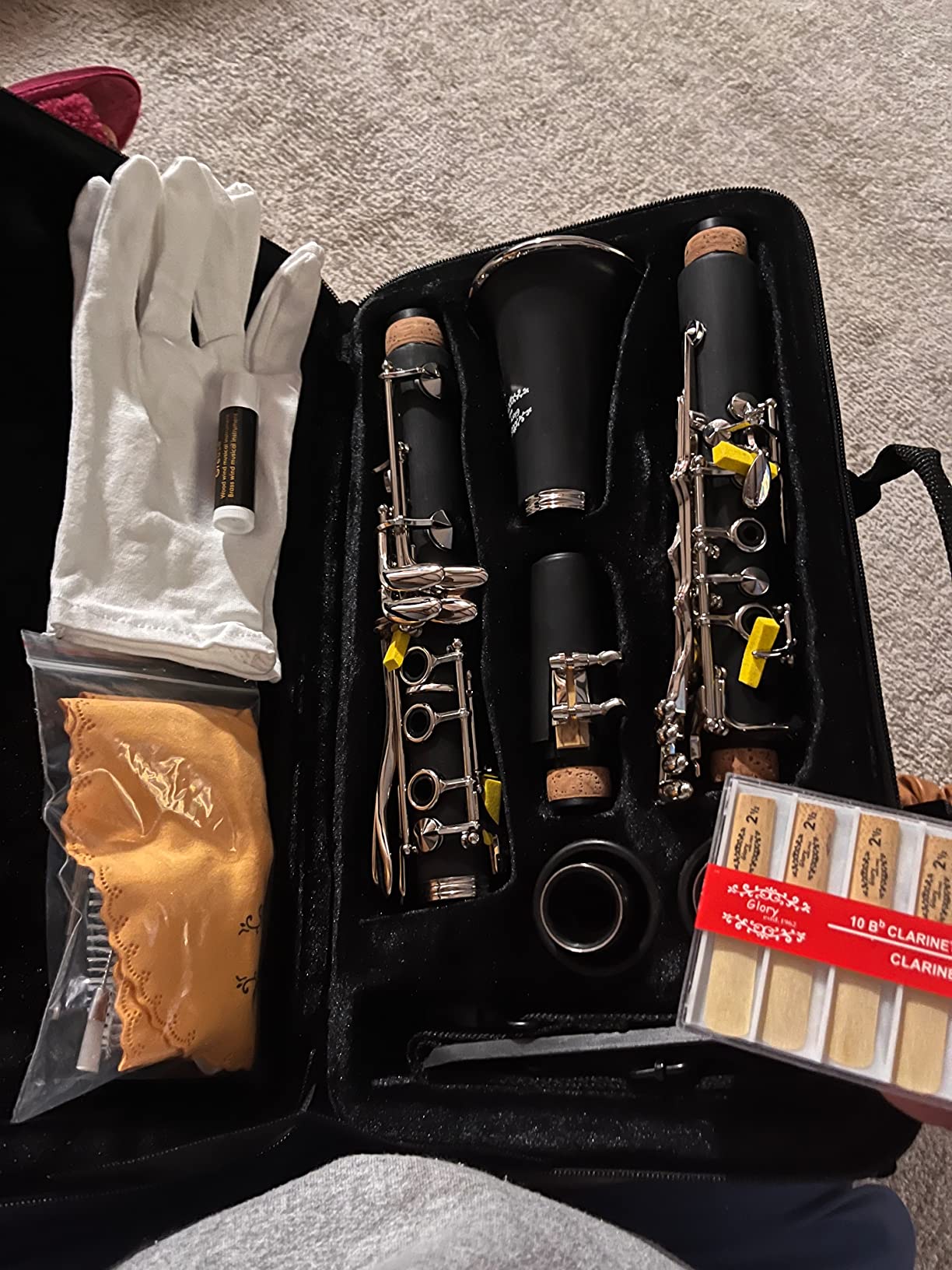 Glory GLYCLAWH Professional Ebonite Bb Clarinet with 10 Reeds, Stand, Hard Case, Cleaning Cloth, Mouthpiece Brush and Pad Brush, White/Silver customer photo 2