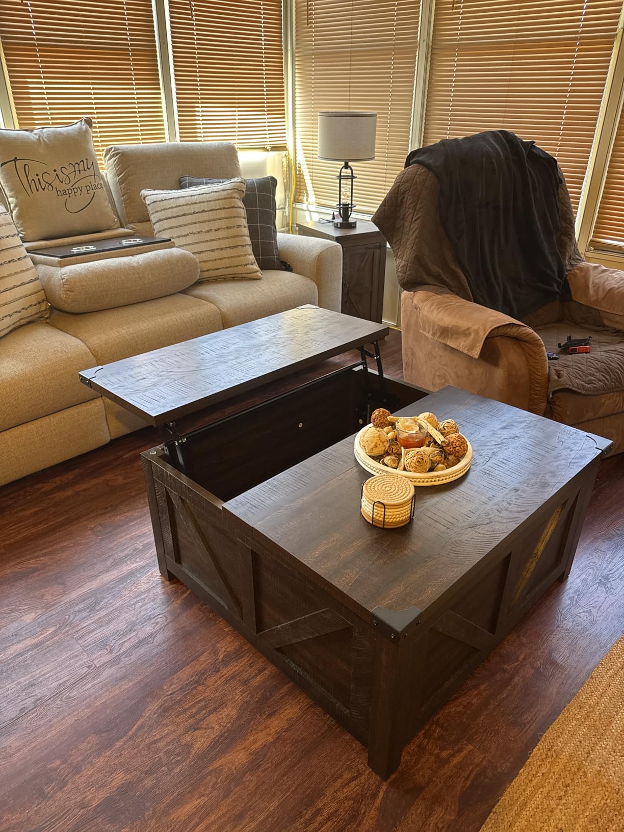 jimeimen Farmhouse Lift Top Coffee Table with Storage, Wood Square Center Table with Charging Station & USB Port, Living Room Table w/Large Hidden Space, for Living Room, Bedroom, Home Office, Brown customer photo 2