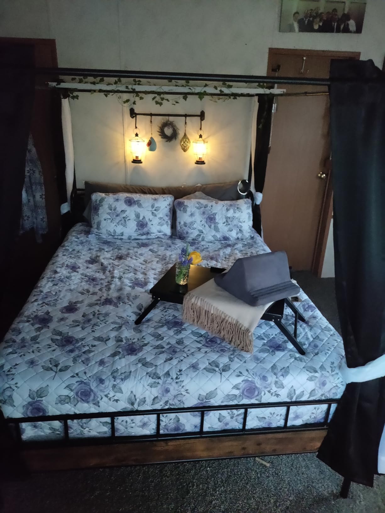 LIKIMIO Canopy Bed Frame Queen, Storage Headboard with Charging Station, Platform Bed with 4 Removable Sturdy Posts, Noise Free, No Box Spring Needed, Vintage Brown customer photo 1