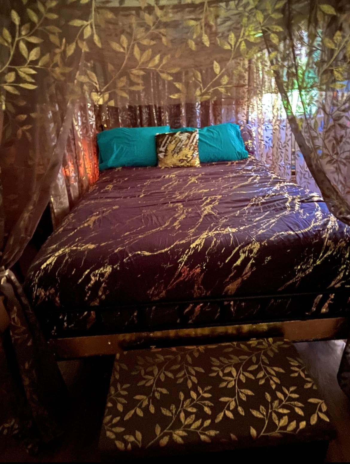 LIKIMIO Canopy Bed Frame Queen, Storage Headboard with Charging Station, Platform Bed with 4 Removable Sturdy Posts, Noise Free, No Box Spring Needed, Vintage Brown customer photo 2
