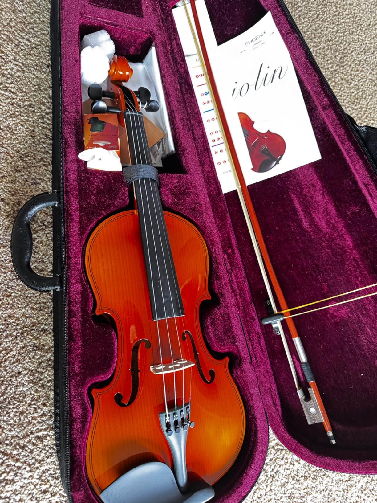 PHOENIX Violin 4/4 Full Size Kit, Violin Fiddle Set for Beginner Adults Student with Rosewood Bow, Extra Strings & Bridge, 2 Rosins, Tuner, Case, Mute, Fingerboard Stickers, Shoulder Rest customer photo 1