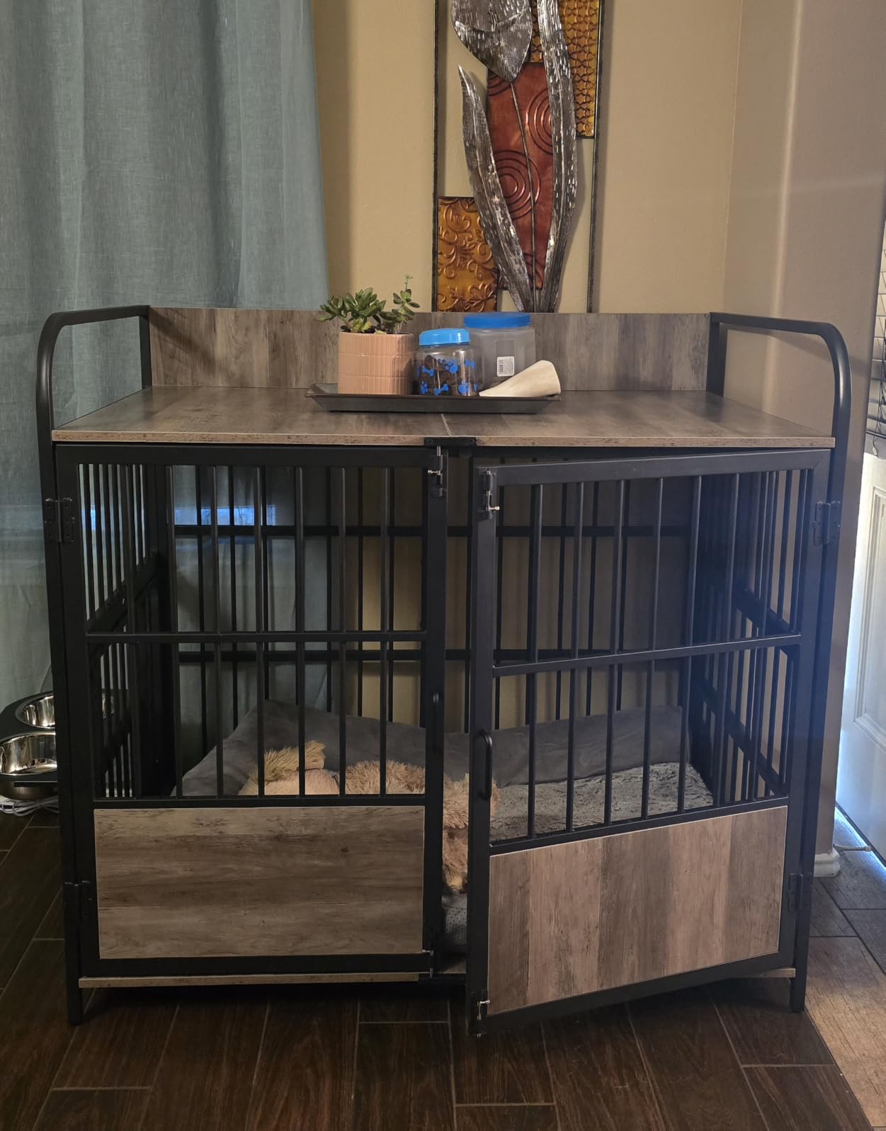 BEURUKU XL Dog Crate Furniture, Large Dog Kennel Indoor with 2 Adjustable Bowls, Heavy Duty Dog Crate for Large Dogs 48 Inch, Wooden Dog Cage Brown, 48