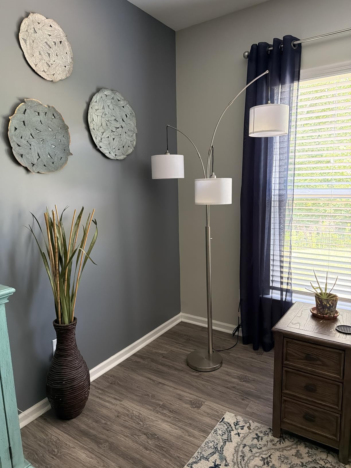 Dimmable Floor Lamp, 3 Lights Black Arc Floor Lamp, Modern Tall Standing Tree Lamp with Grey Linen Shades & Heavy Base, 3000LM LED Bulbs, Bright Lighting for Living Room, Bedroom, Office & Reading customer photo 1