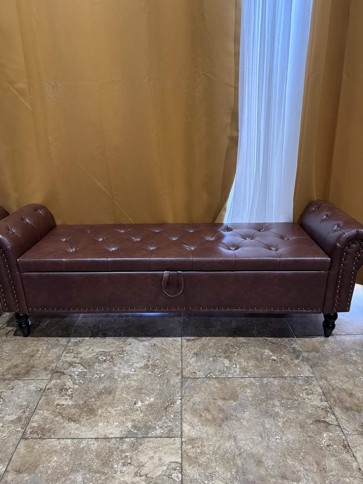 Furniliving Storage Ottoman Bench, Leather Benches End of Bed Bench with Solid Wood Legs Upholstered Ottoman Bench with Storage Indoor Bench for Living Room with Rolled Arm, Entryway, YellowBrown customer photo 2