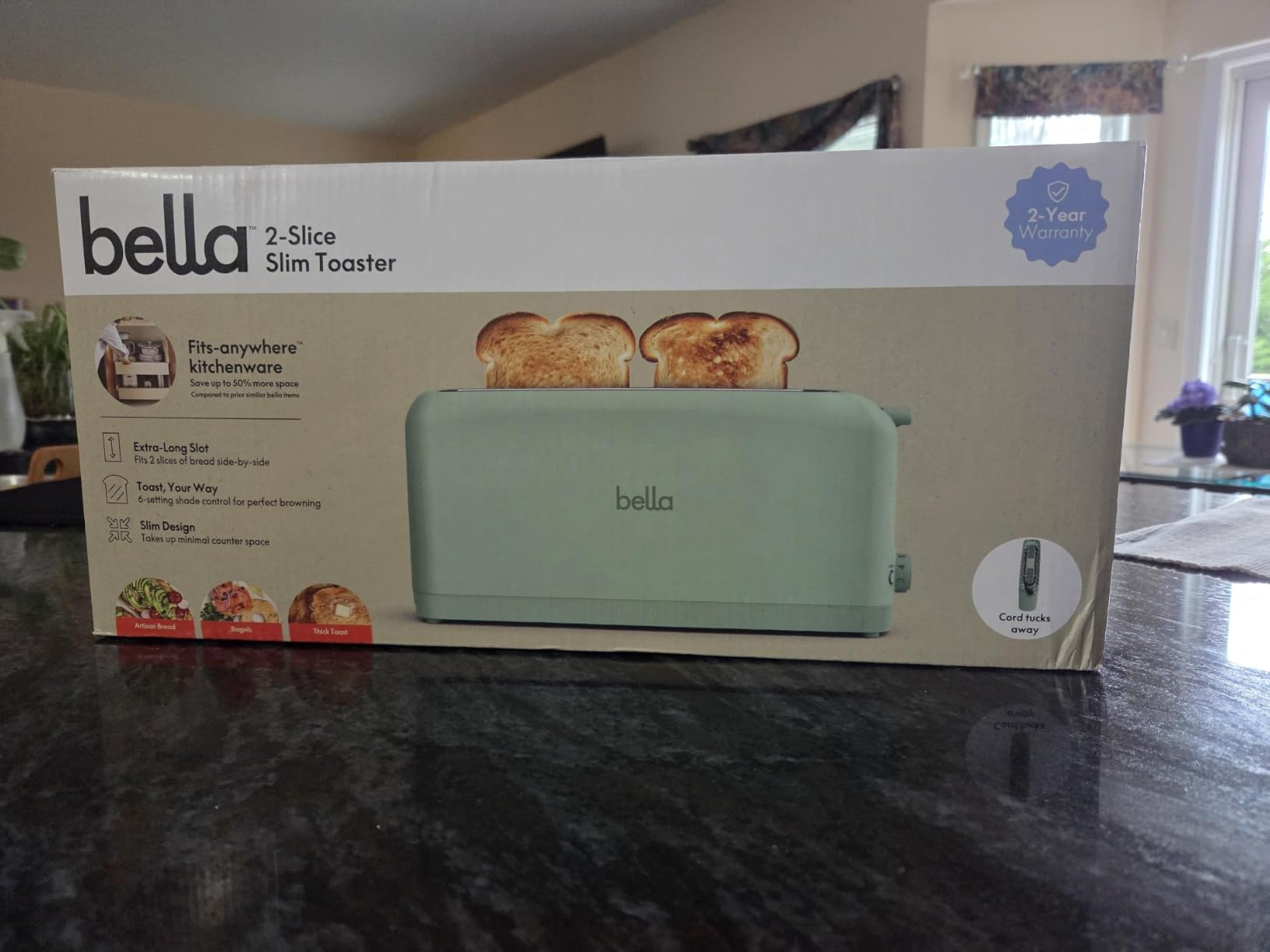 bella 2 Slice Slim Toaster, Fits-anywhere Kitchenware, 6 Setting Shade Control with Reheat & Cancel Buttons, Fits Sourdough, 10