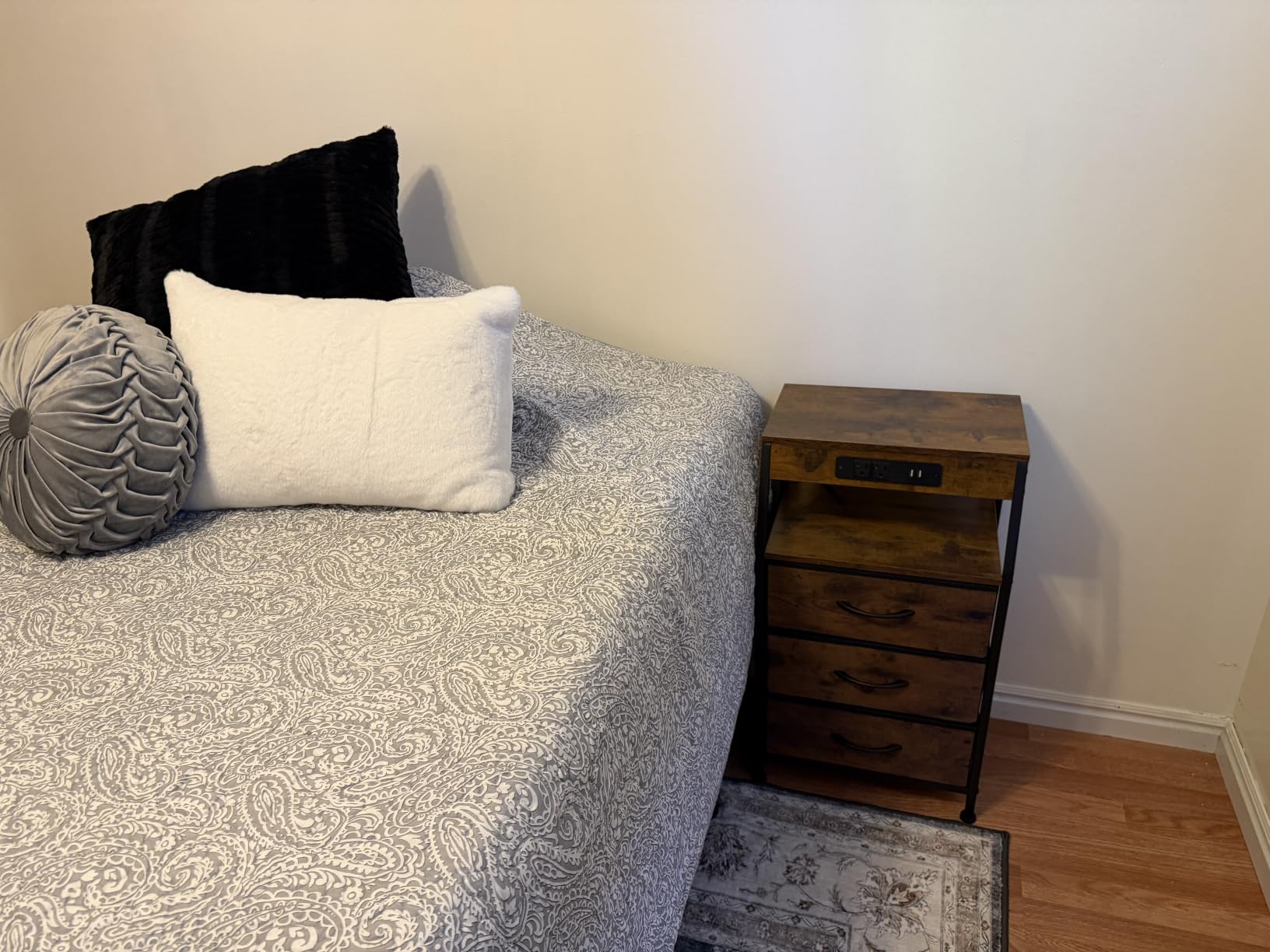 Night Stand with Charging Station, 3 Fabric Drawers Bedside Table | Rustic Brown Dorm Nightstand For Bedroom, 28.3 Inch Tall, Usb Ports & Outlets, Side Table with Storage Shelf, 3 Ways to Use customer photo 1