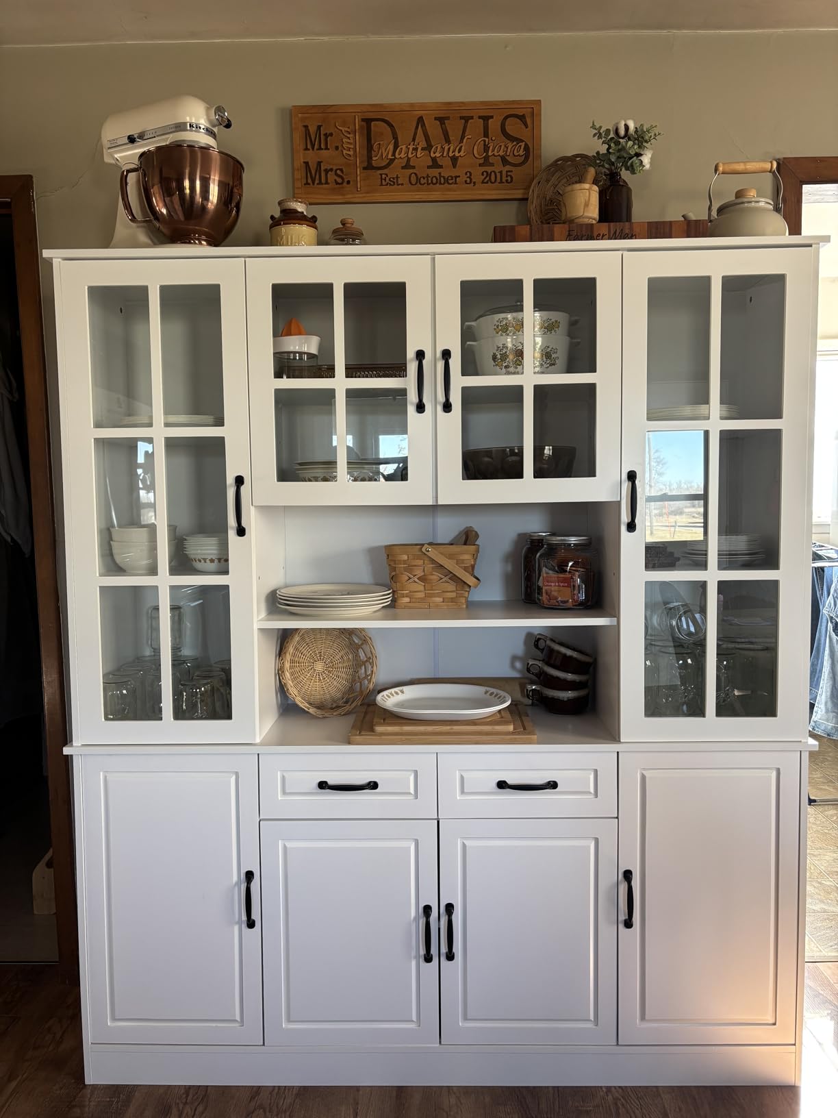 MU Kitchen Storage Cabinet with Glass Doors, Large China Hutch with 2 Drawers & 5 Adjustable Shelves, Kitchen Pantry Hutch for Home Office, Living Room, White (15.8