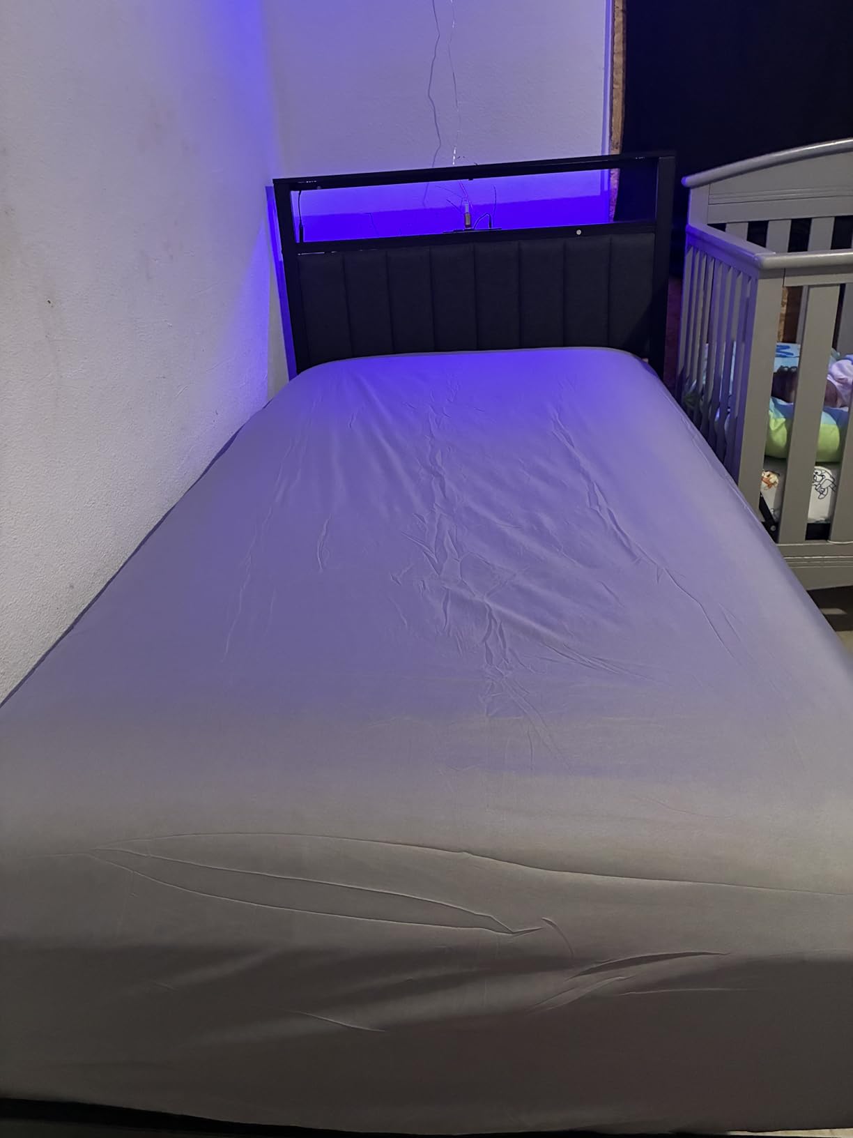 Furnulem Twin Size Bed Frame with Charging Station and LED Lights, Platform Bed with Metal Slats, Grey Upholstered Headboard with 2-Tier Storage Shelves, No Box Spring Needed customer photo 2